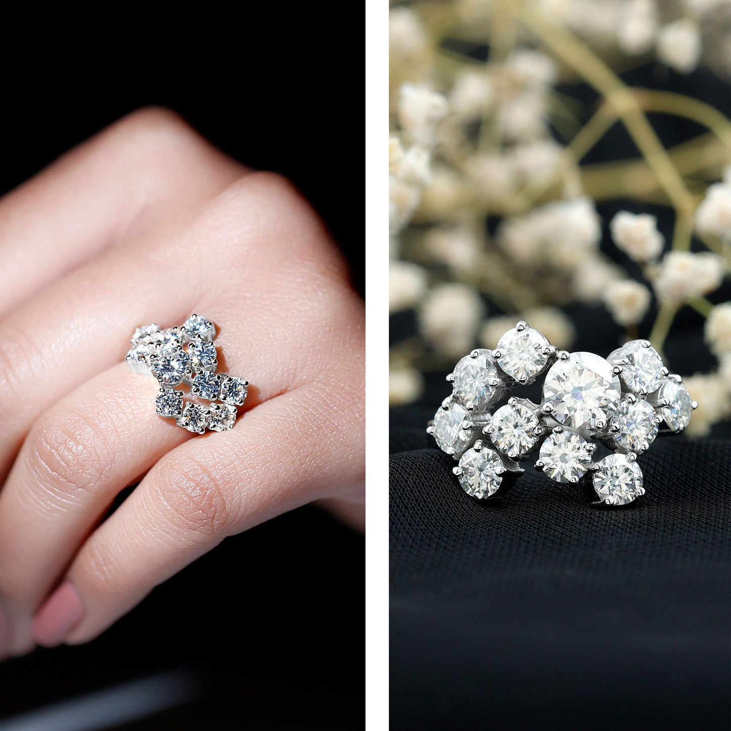 Certified Round Moissanite Cluster Engagement Ring for Women
