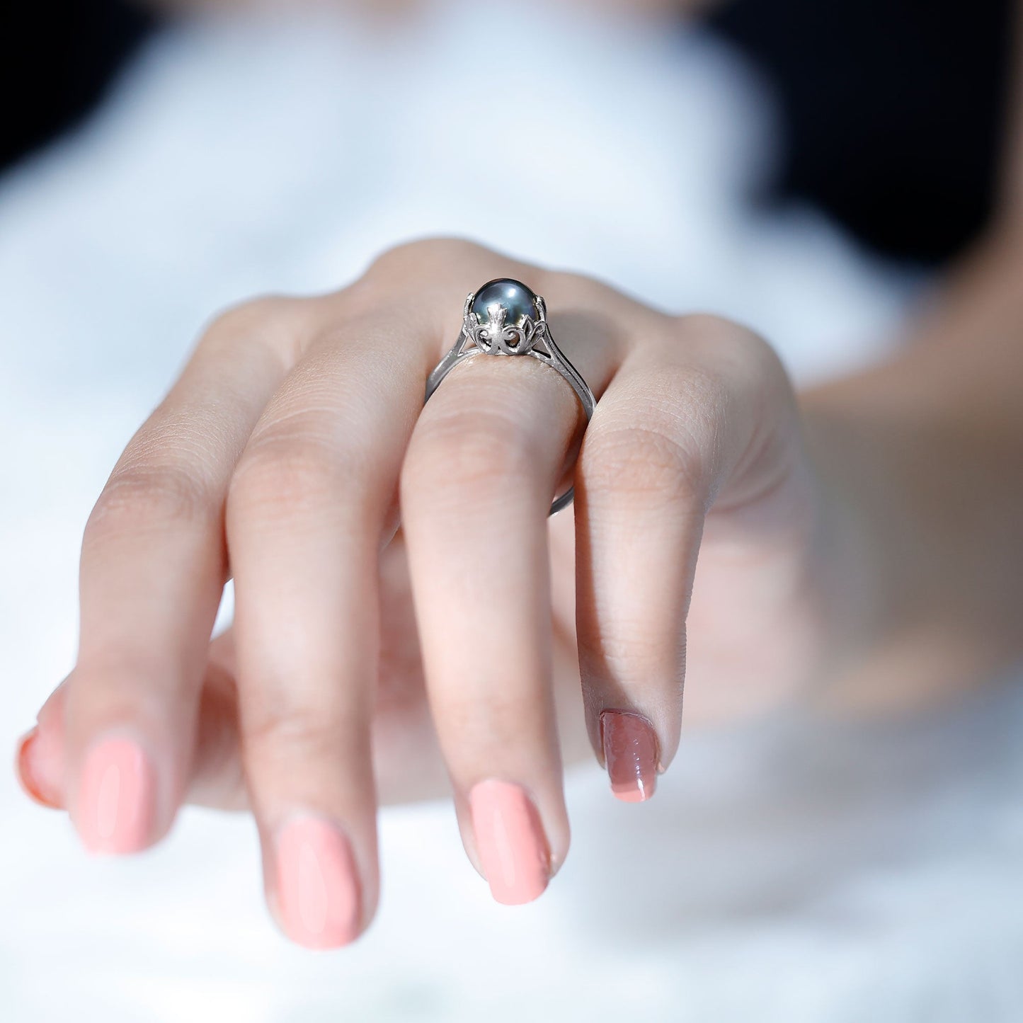 Handpicked Genuine Black Tahitian Pearl Engagement Ring