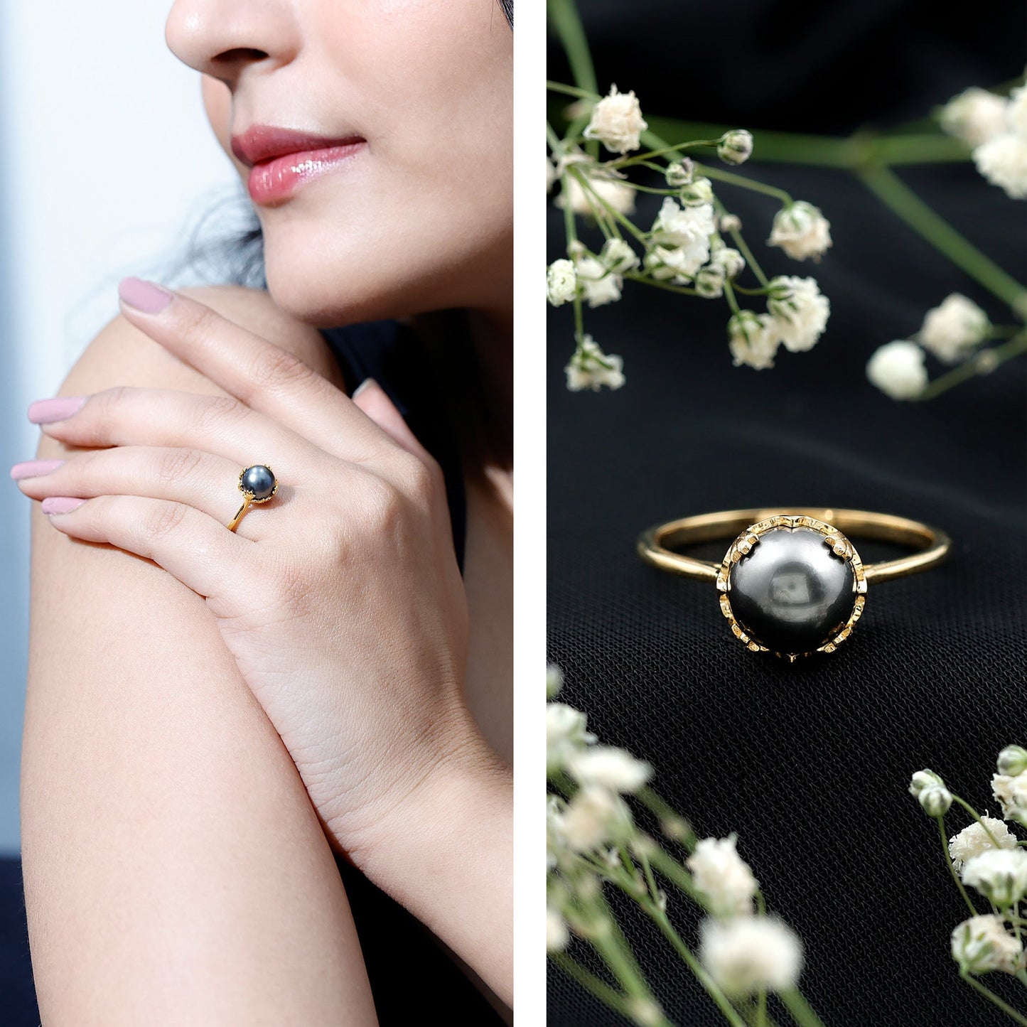 Handpicked Genuine Black Tahitian Pearl Engagement Ring