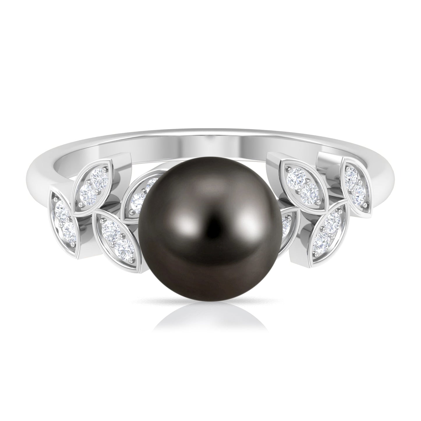Tahitian Black Pearl and Diamond Leaf Minimal Engagement Ring