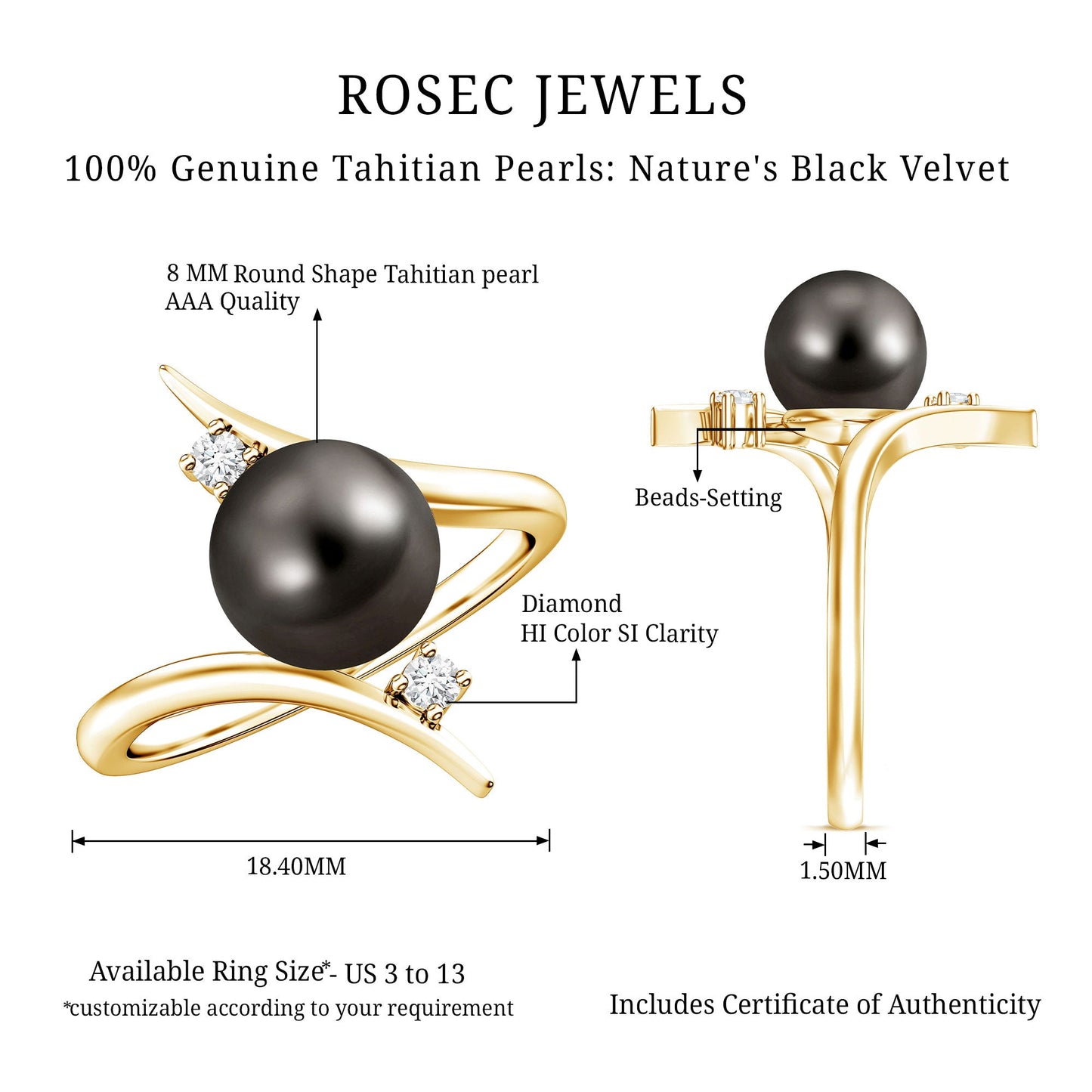 Tahitian Black Pearl Bypass Engagement Ring with Diamond