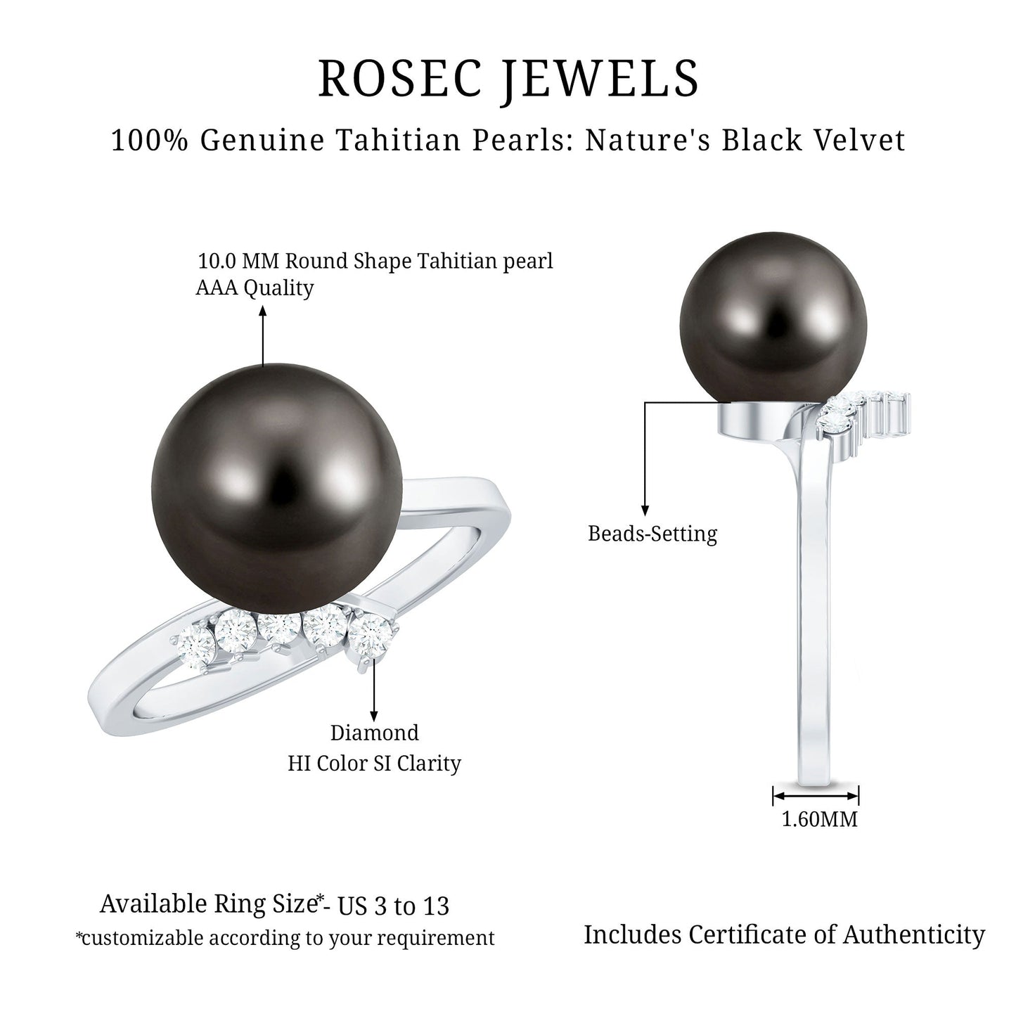 8 Carat Designer Tahitian Pearl Solitaire Ring with Diamond