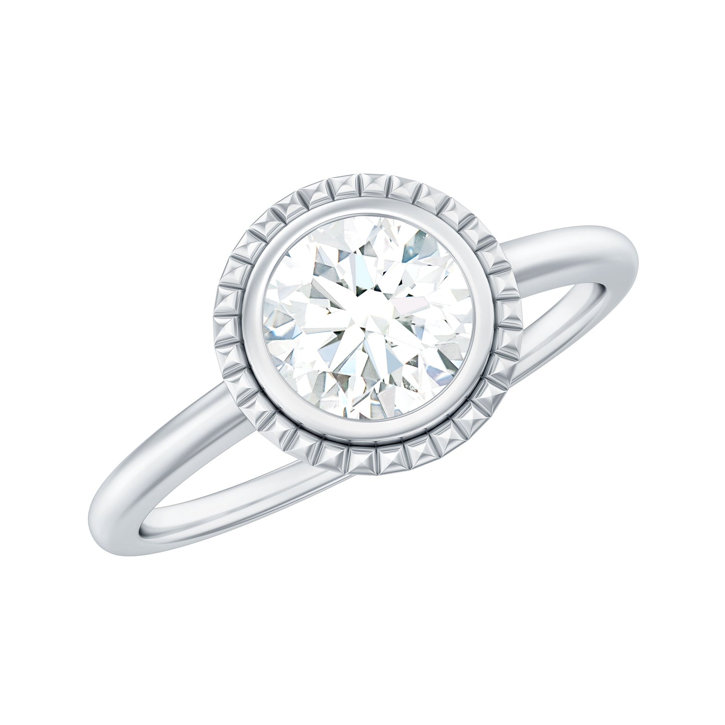 0.9 Carat Round Moissanite Solitaire Engagement Ring in Bezel Setting