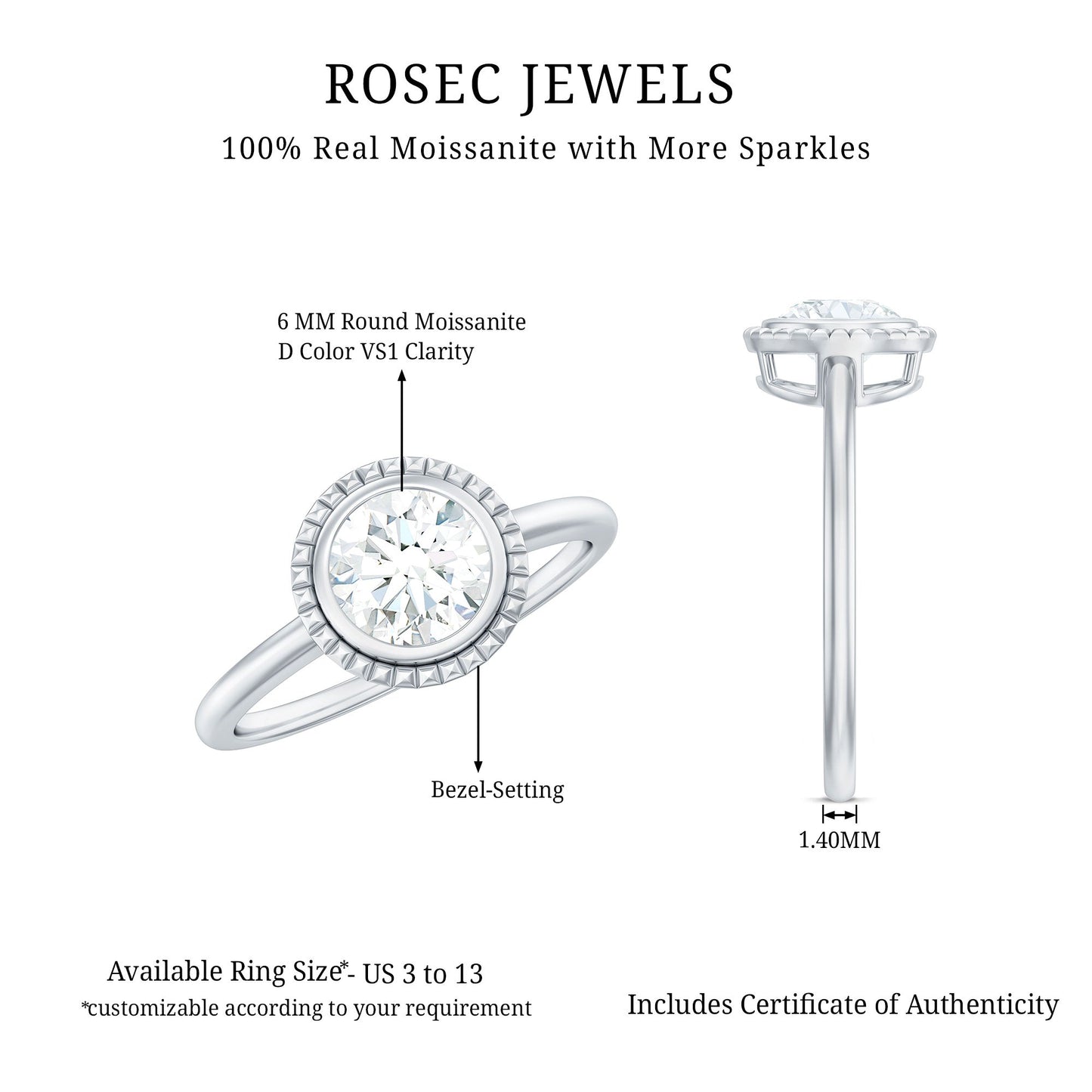 0.9 Carat Round Moissanite Solitaire Engagement Ring in Bezel Setting