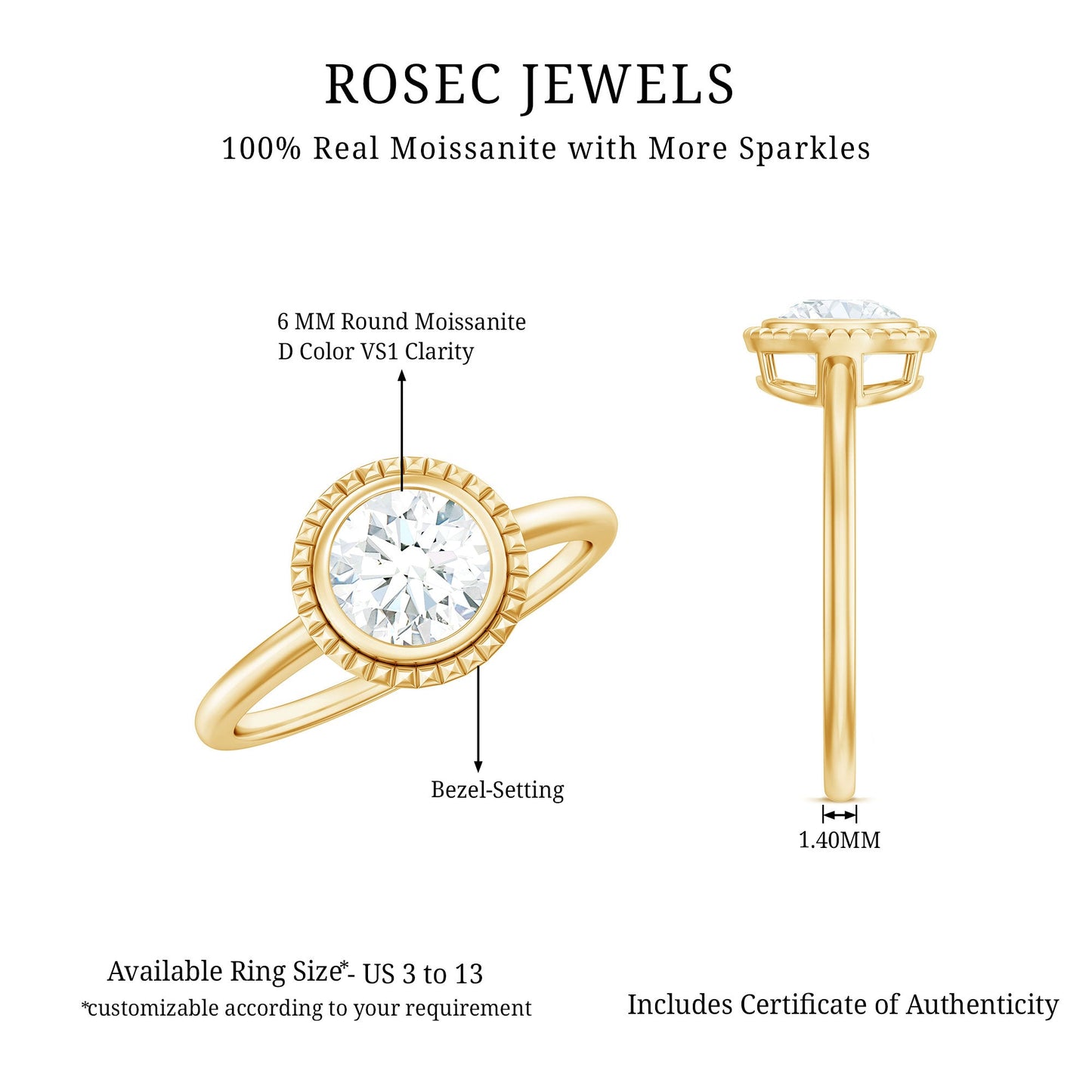 0.9 Carat Round Moissanite Solitaire Engagement Ring in Bezel Setting