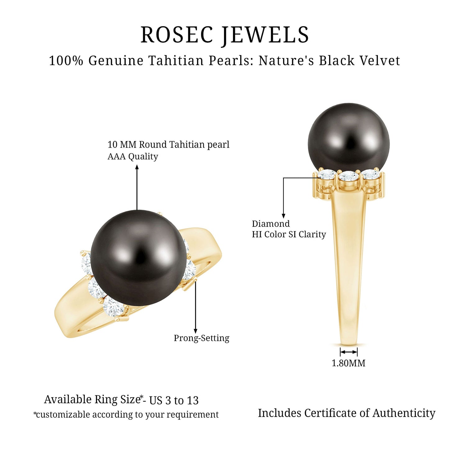 8 Carat Real Tahitian Black Pearl Solitaire Engagement Ring