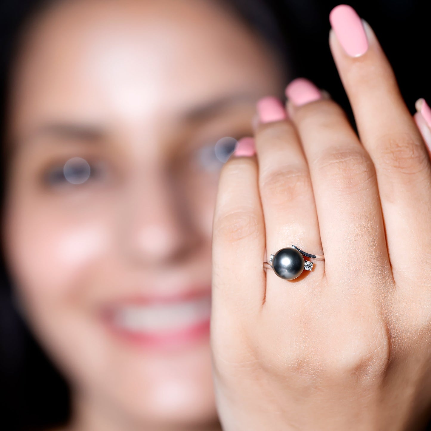 Natural Tahitian Black Pearl Diamond Vintage Engagement Ring