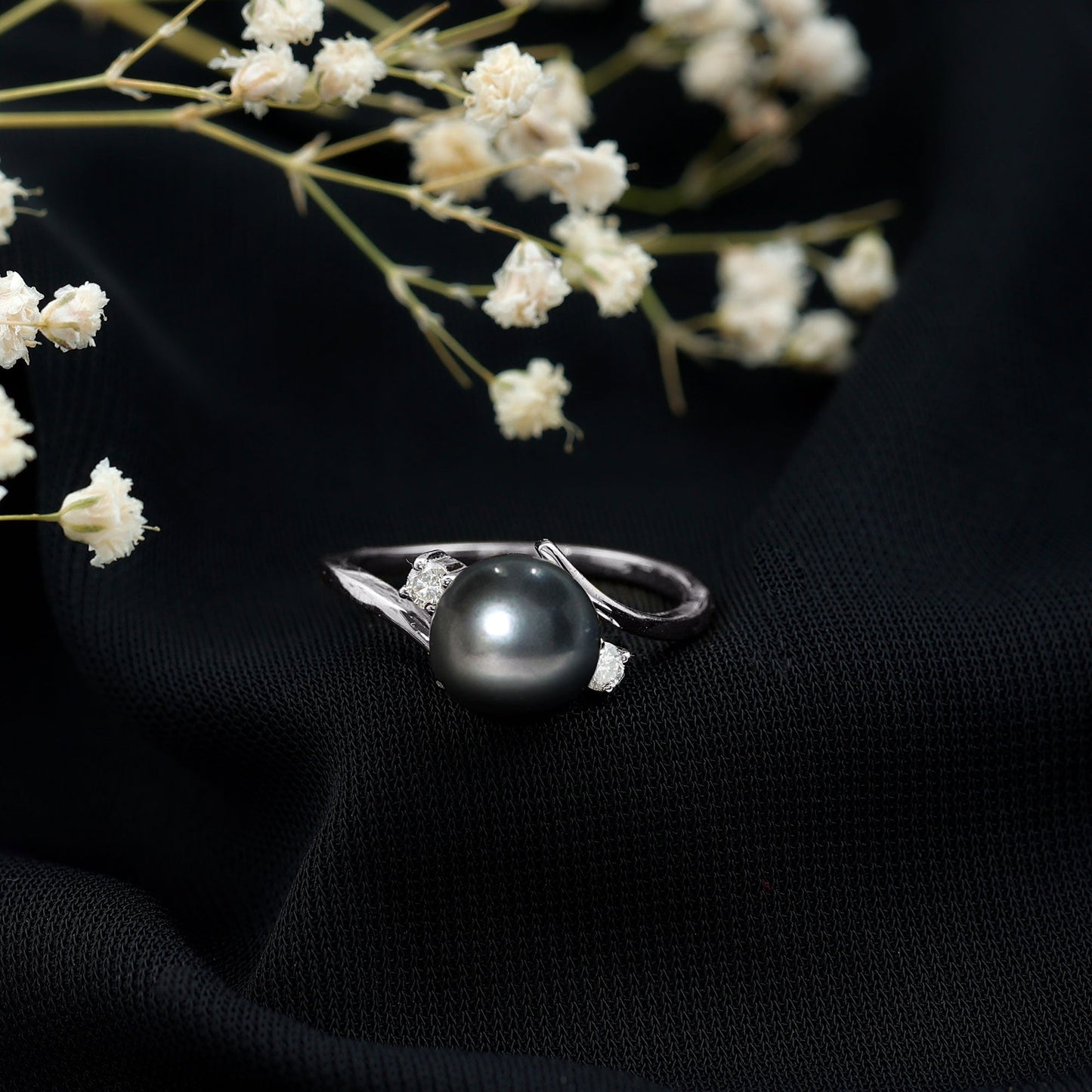 Natural Tahitian Black Pearl Diamond Vintage Engagement Ring