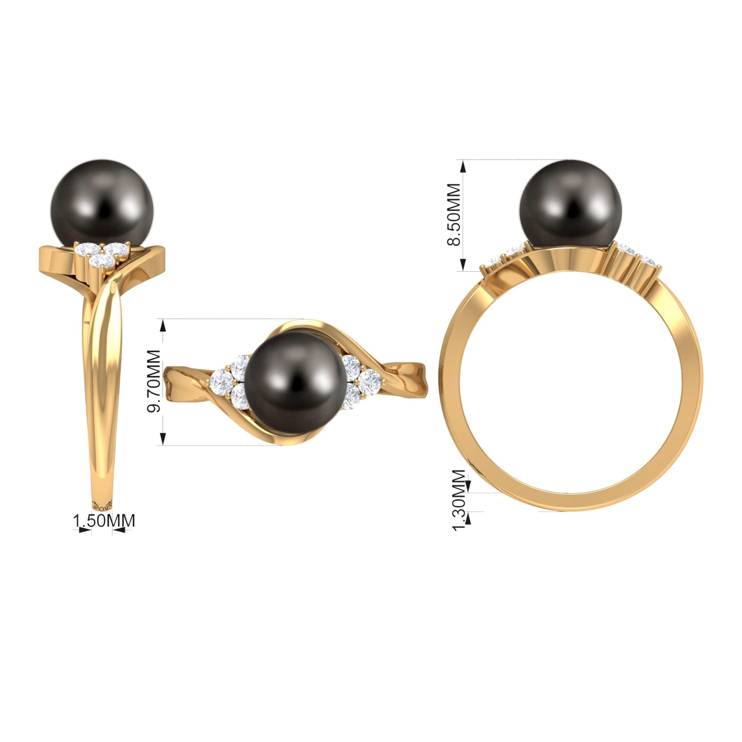 Bypass Tahitian Pearl Engagement Ring with Diamond Trio