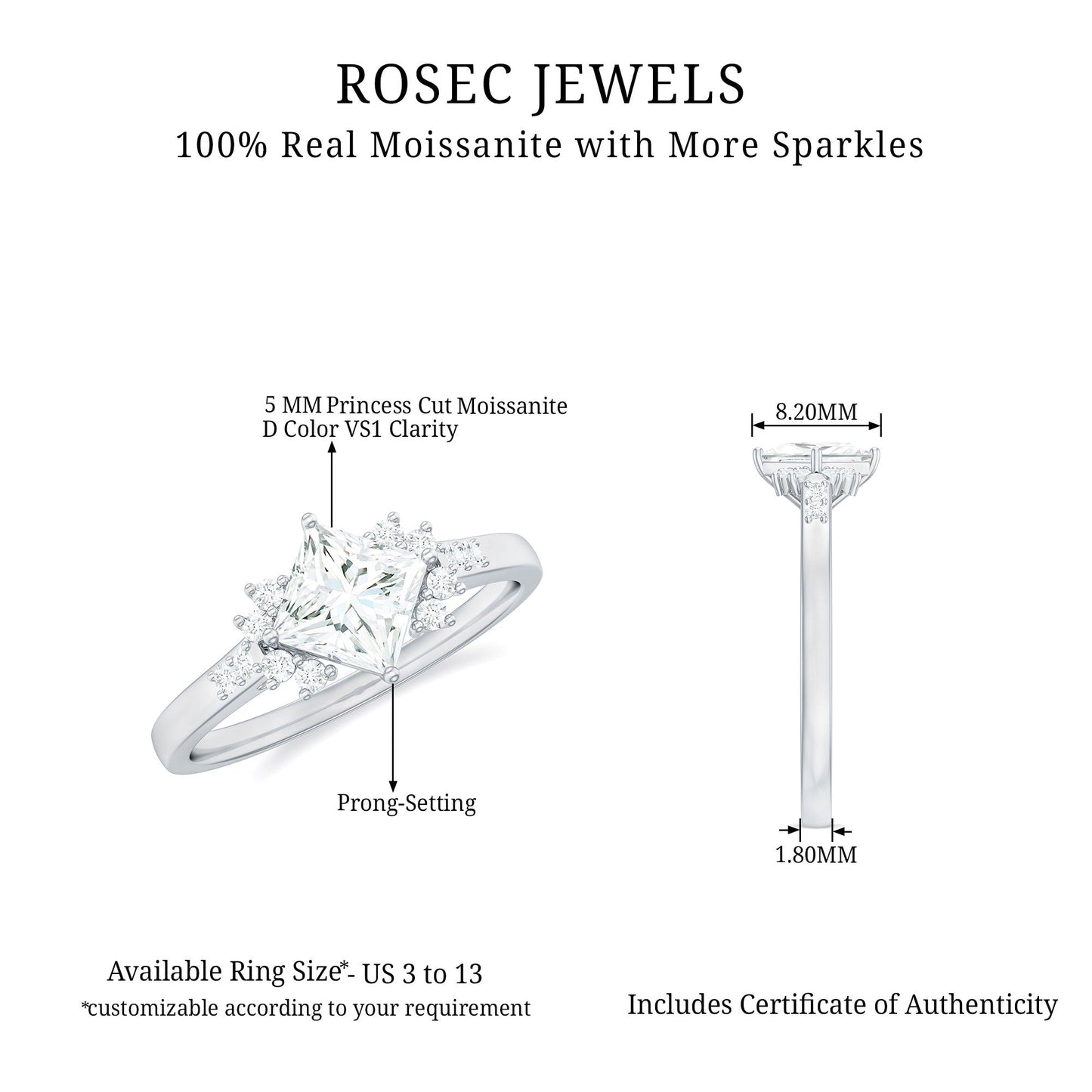 Certified Moissanite Princess Cut Engagement Ring in Prong Setting