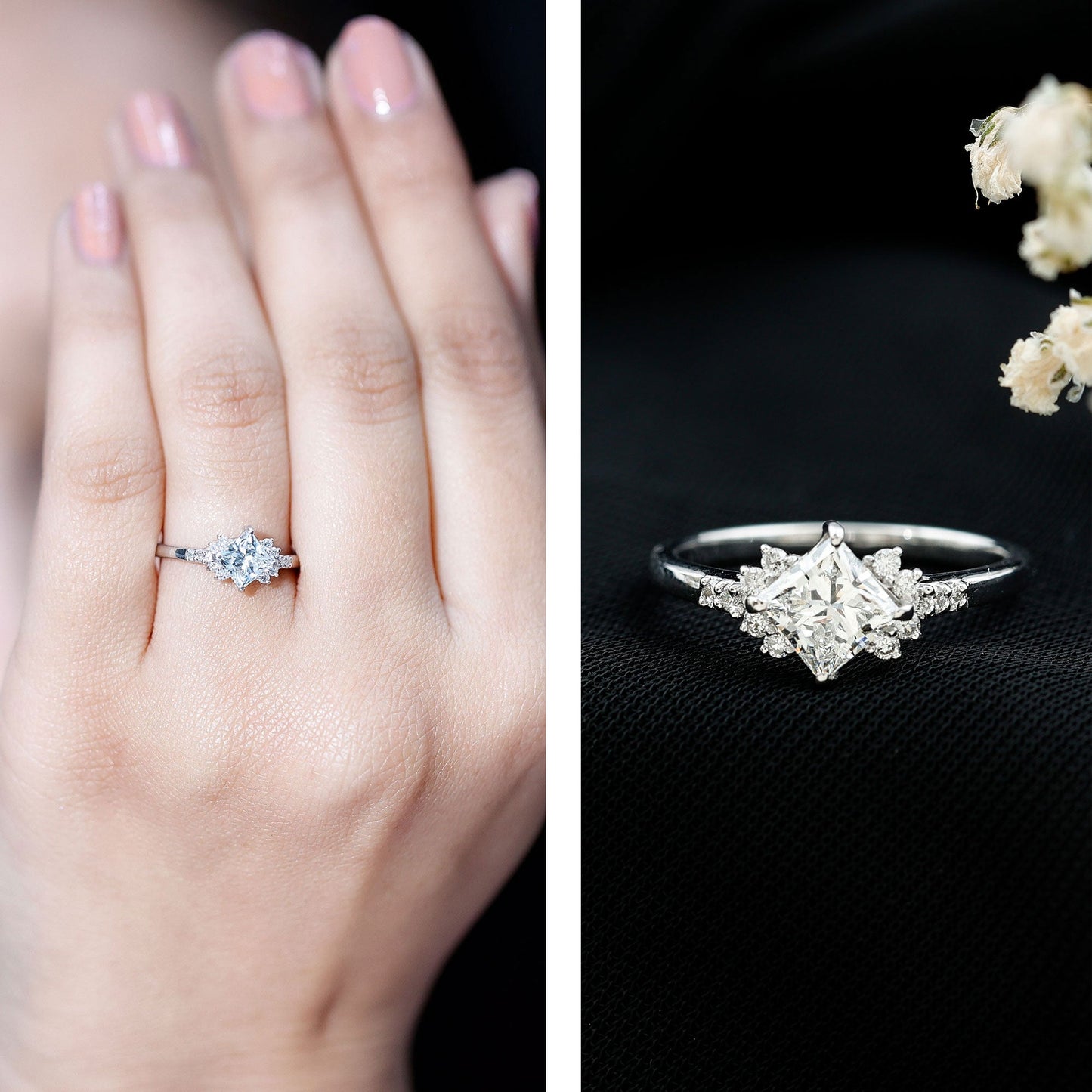 Certified Moissanite Princess Cut Engagement Ring in Prong Setting