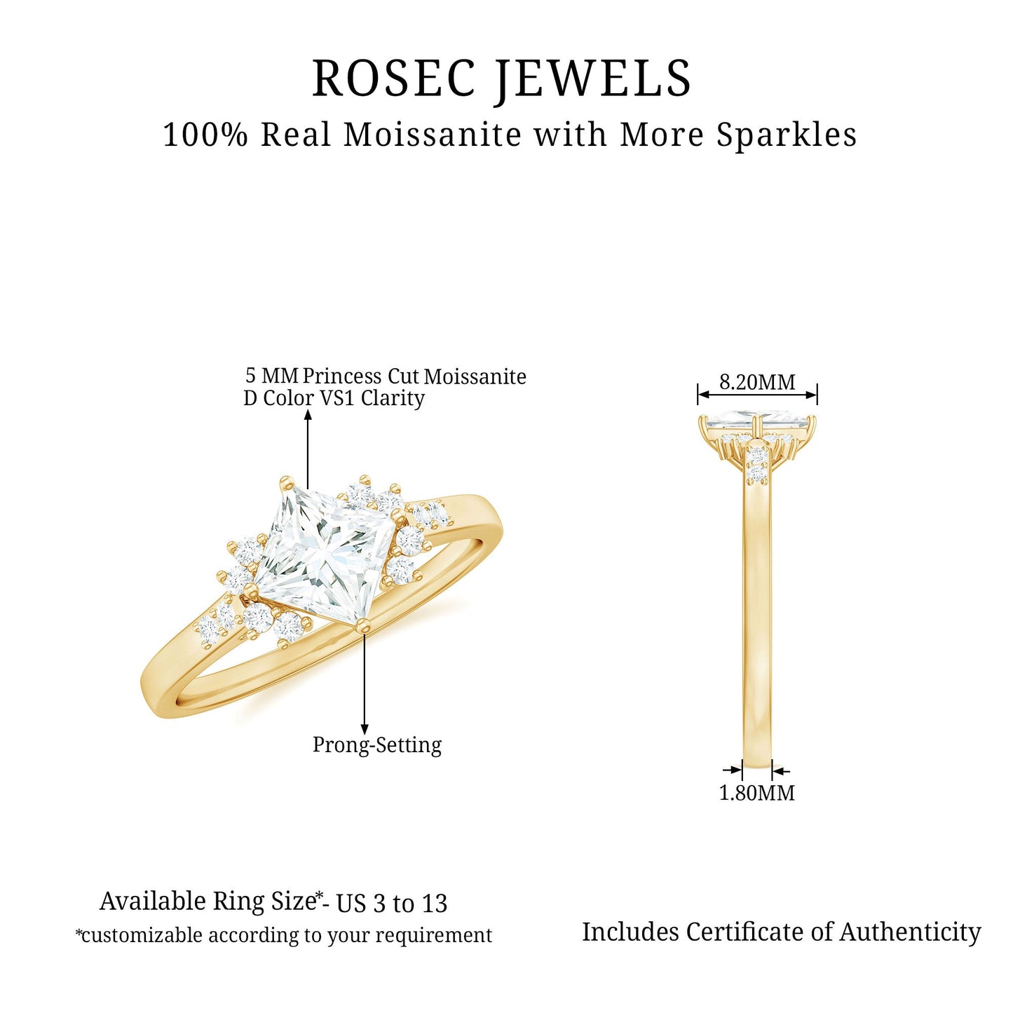 Certified Moissanite Princess Cut Engagement Ring in Prong Setting
