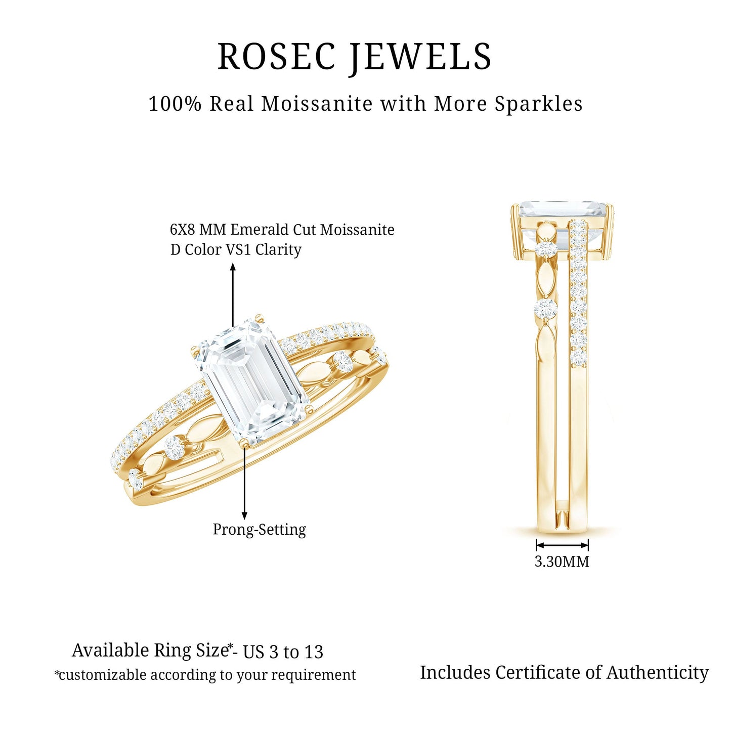 1.8 Carat Emerald Cut Moissanite Solitaire Engagement Double Band Ring