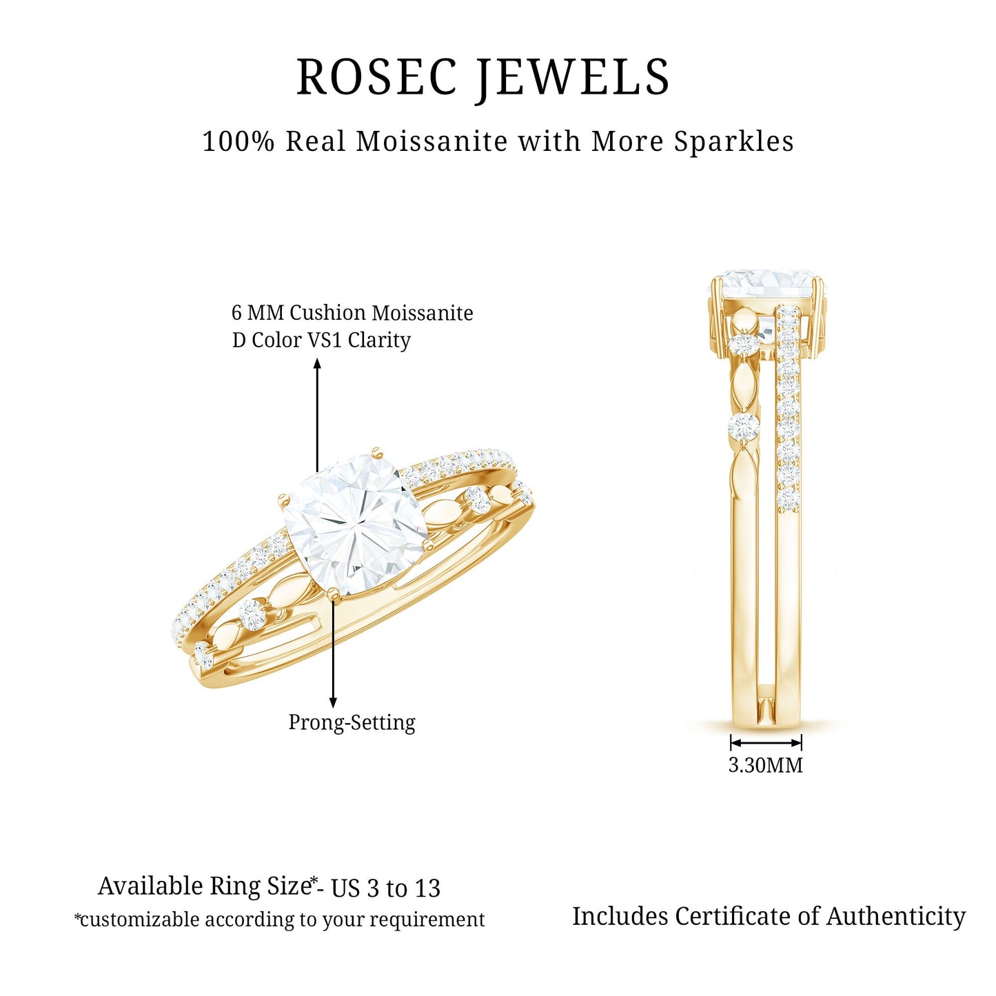 1.7 Carat Cushion Cut Moissanite Solitaire Double Band Engagement Ring
