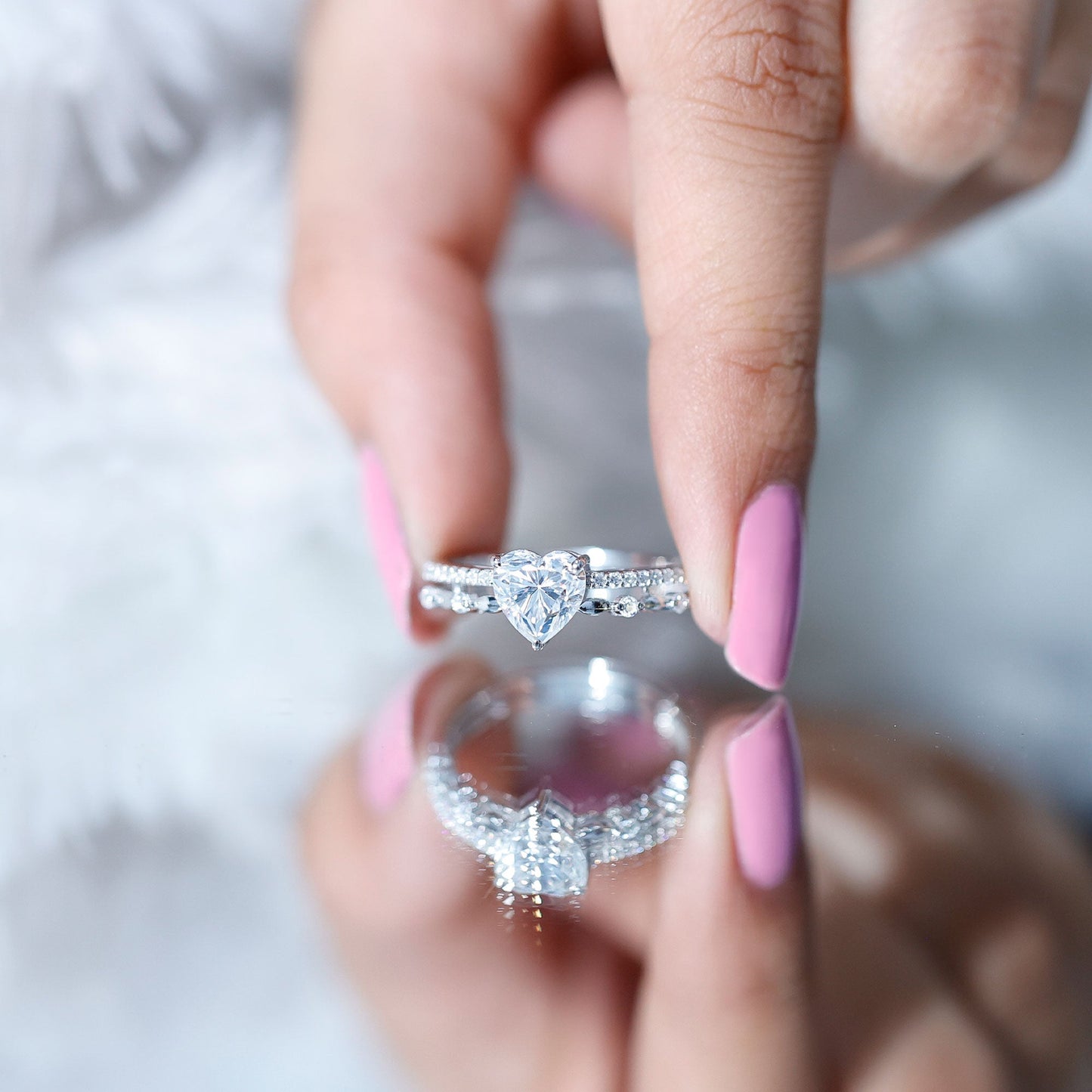 1.5 Carat Heart Moissanite Solitaire Double Band Ring Set