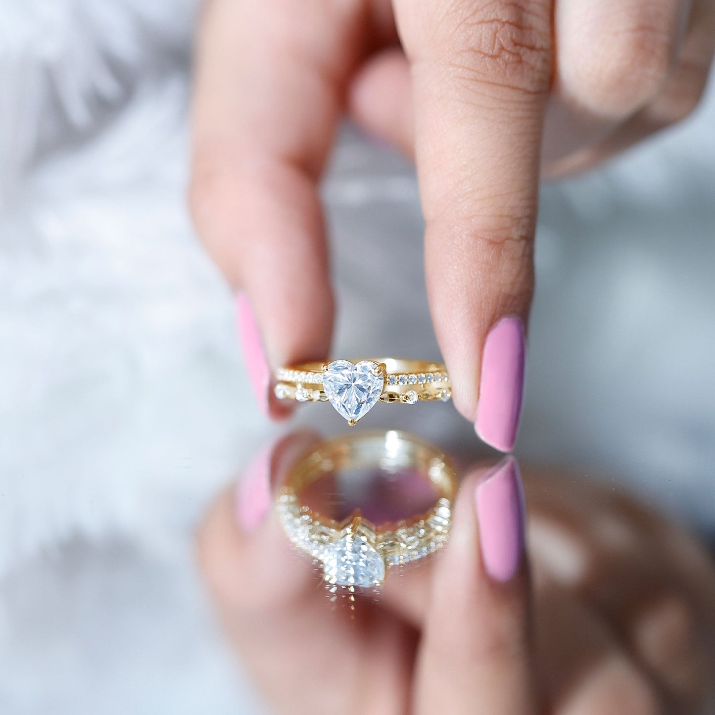 1.5 Carat Heart Moissanite Solitaire Double Band Ring Set