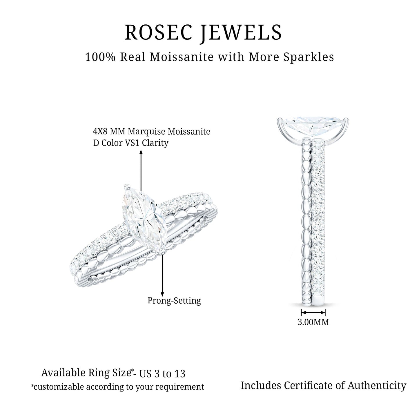 Marquise Cut Moissanite Solitaire Engagement Ring