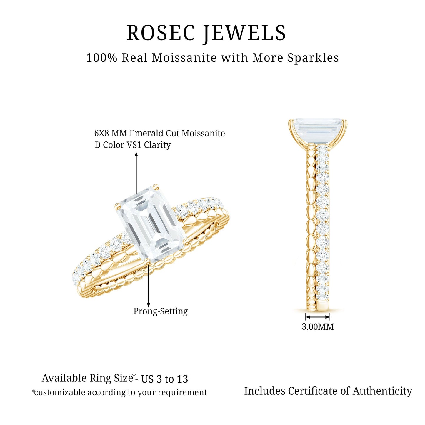 Certified 1.8 Carat Emerald Cut Moissanite Solitaire Engagement Ring