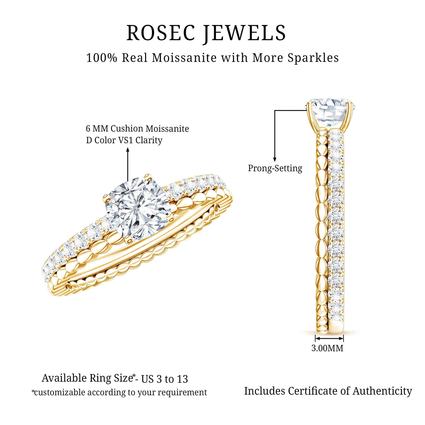 1.7 Carat Certified Cushion Cut Moissanite Solitaire Engagement Ring