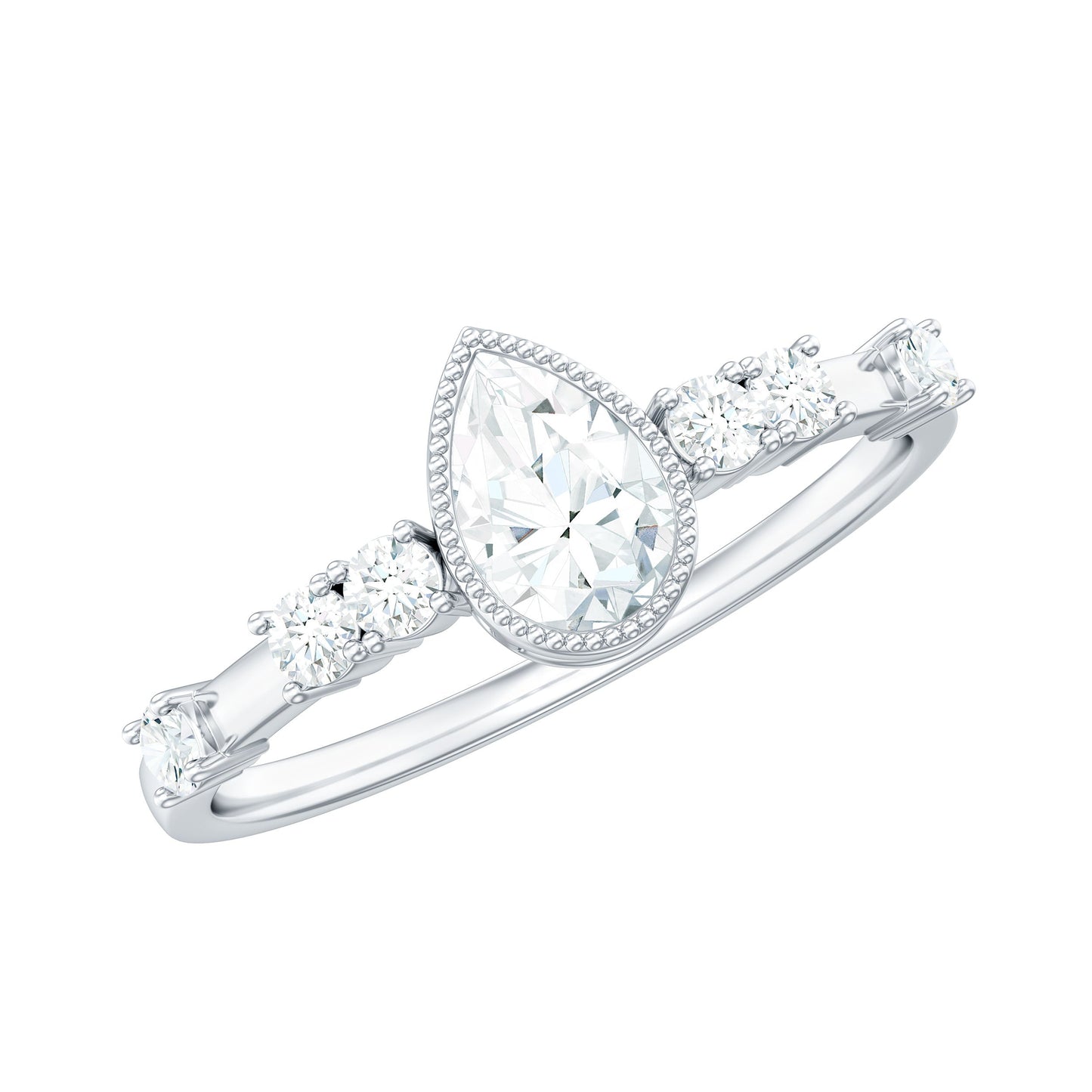 0.7 Carat Pear Cut Moissanite Solitaire Engagement Ring with Beaded Details