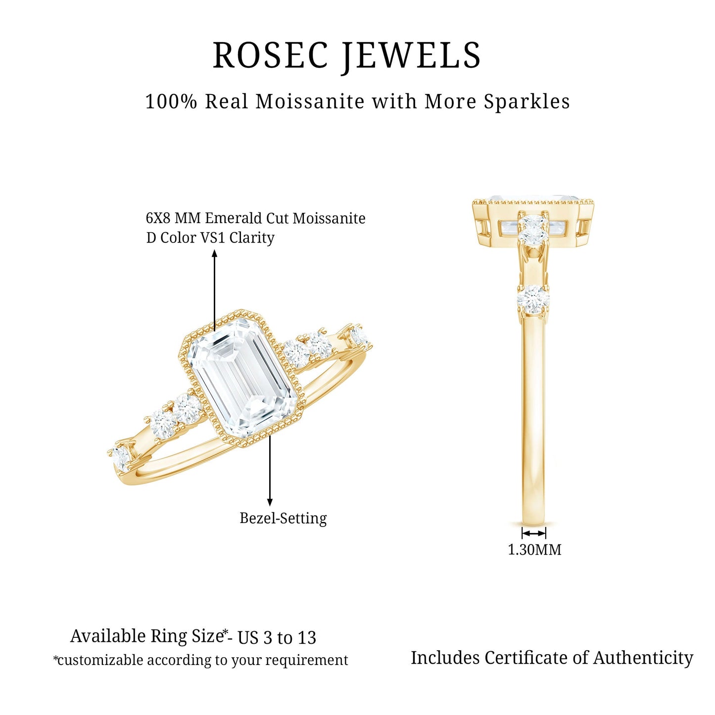 Womens Moissanite 1.8 Carat Emerald Cut Engagement Ring in Bezel Setting