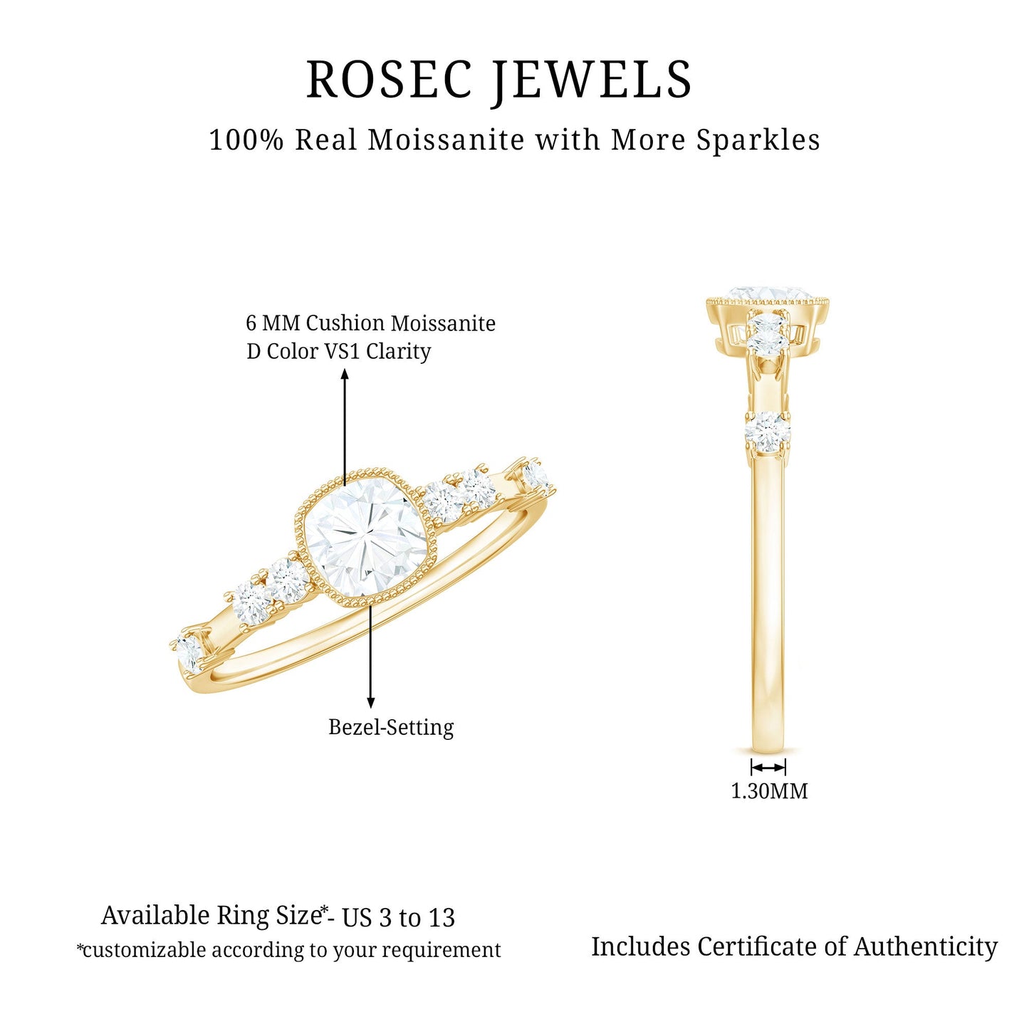 1.7 Carat Cushion Cut Moissanite Solitaire Engagement Ring in Bezel Setting