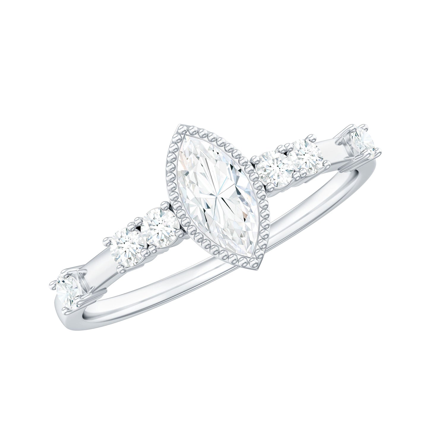 Marquise Cut Moissanite Beaded Solitaire Ring