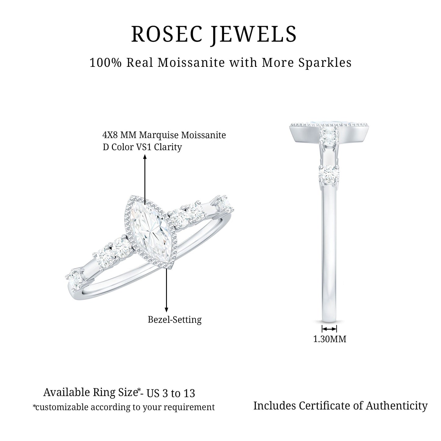 Marquise Cut Moissanite Beaded Solitaire Ring
