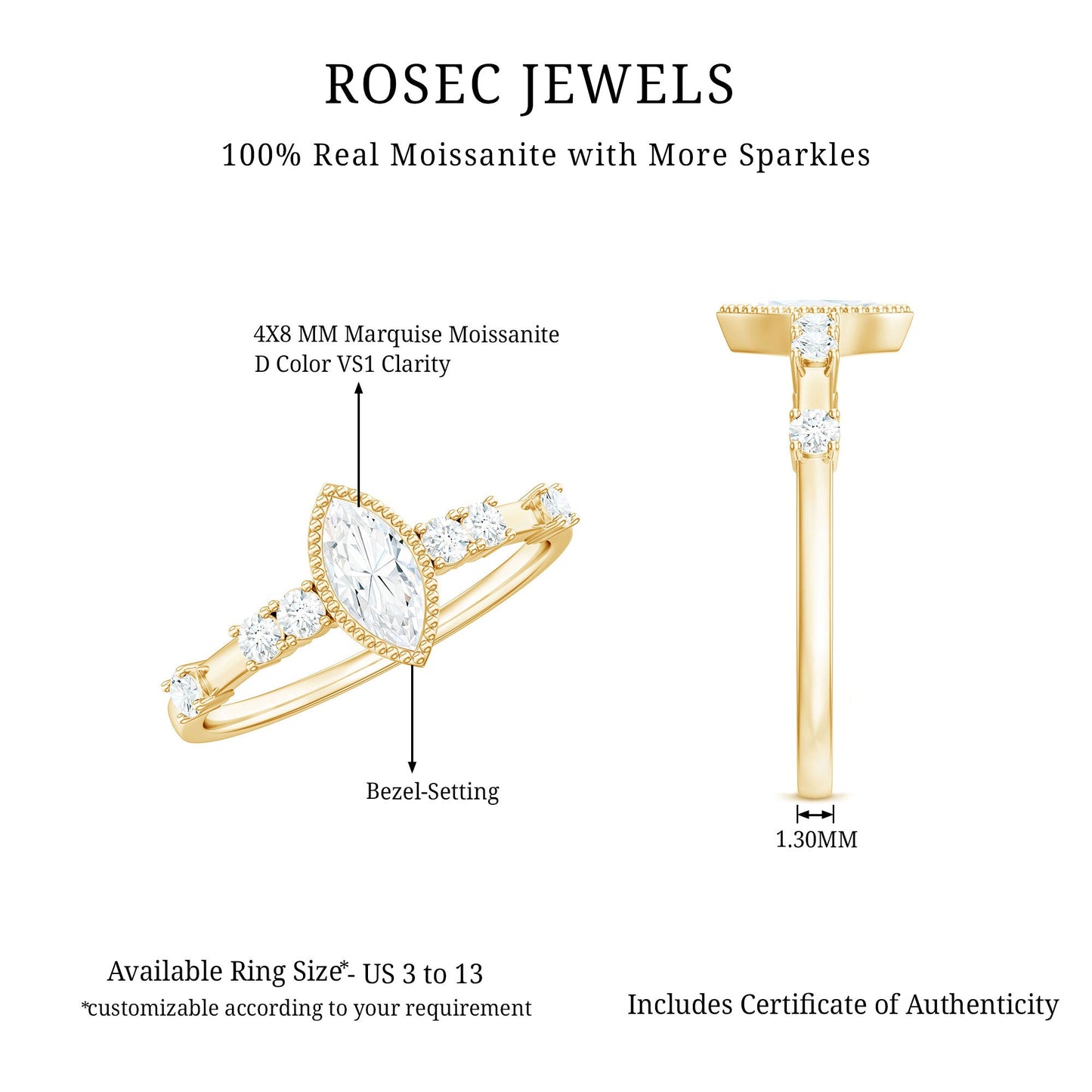 Marquise Cut Moissanite Beaded Solitaire Ring