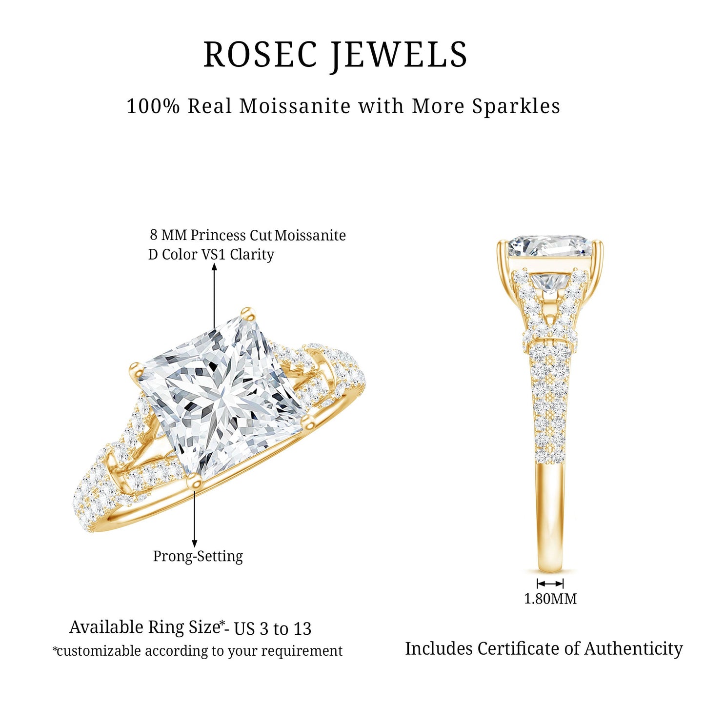 3 Carat Princess Cut Moissanite Solitaire Engagement Ring in Split Shank