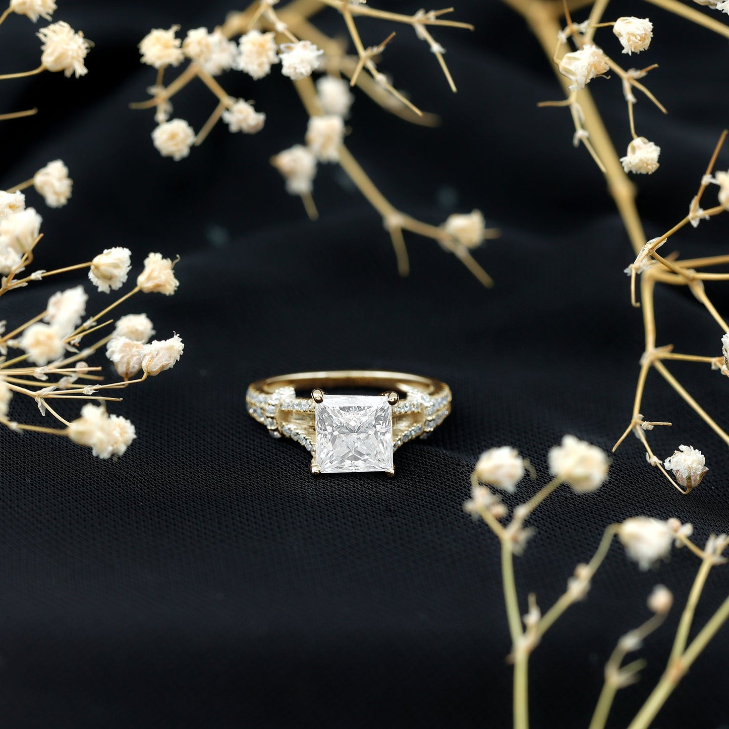 3 Carat Princess Cut Moissanite Solitaire Engagement Ring in Split Shank
