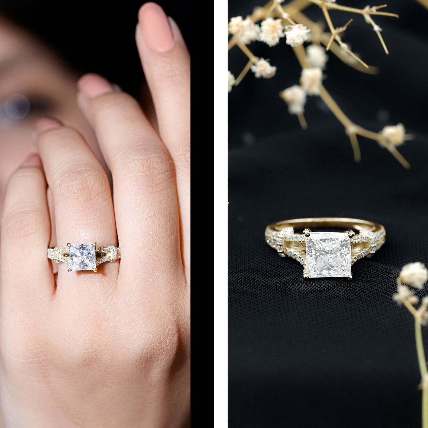 3 Carat Princess Cut Moissanite Solitaire Engagement Ring in Split Shank