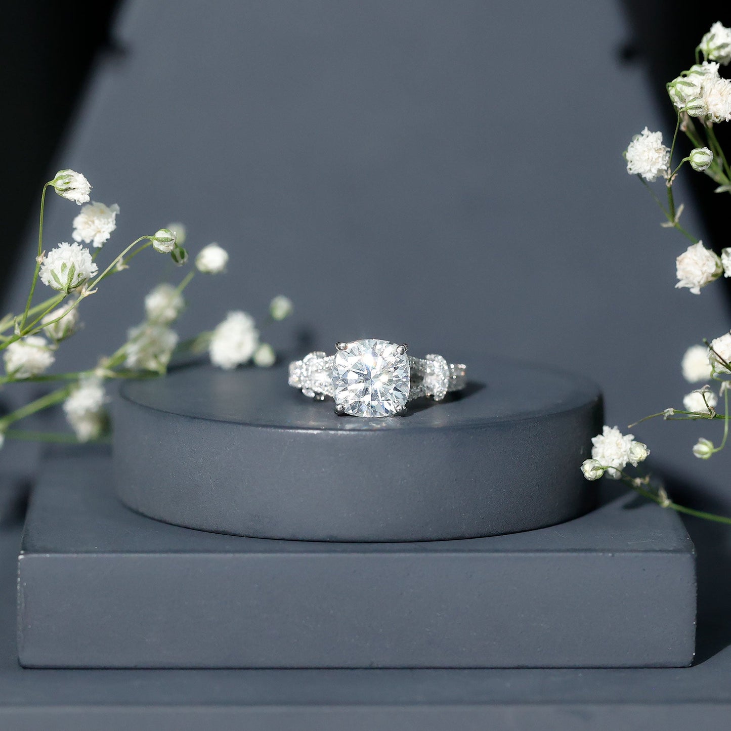 Cushion Cut Moissanite Solitaire Engagement Ring with Split Shank