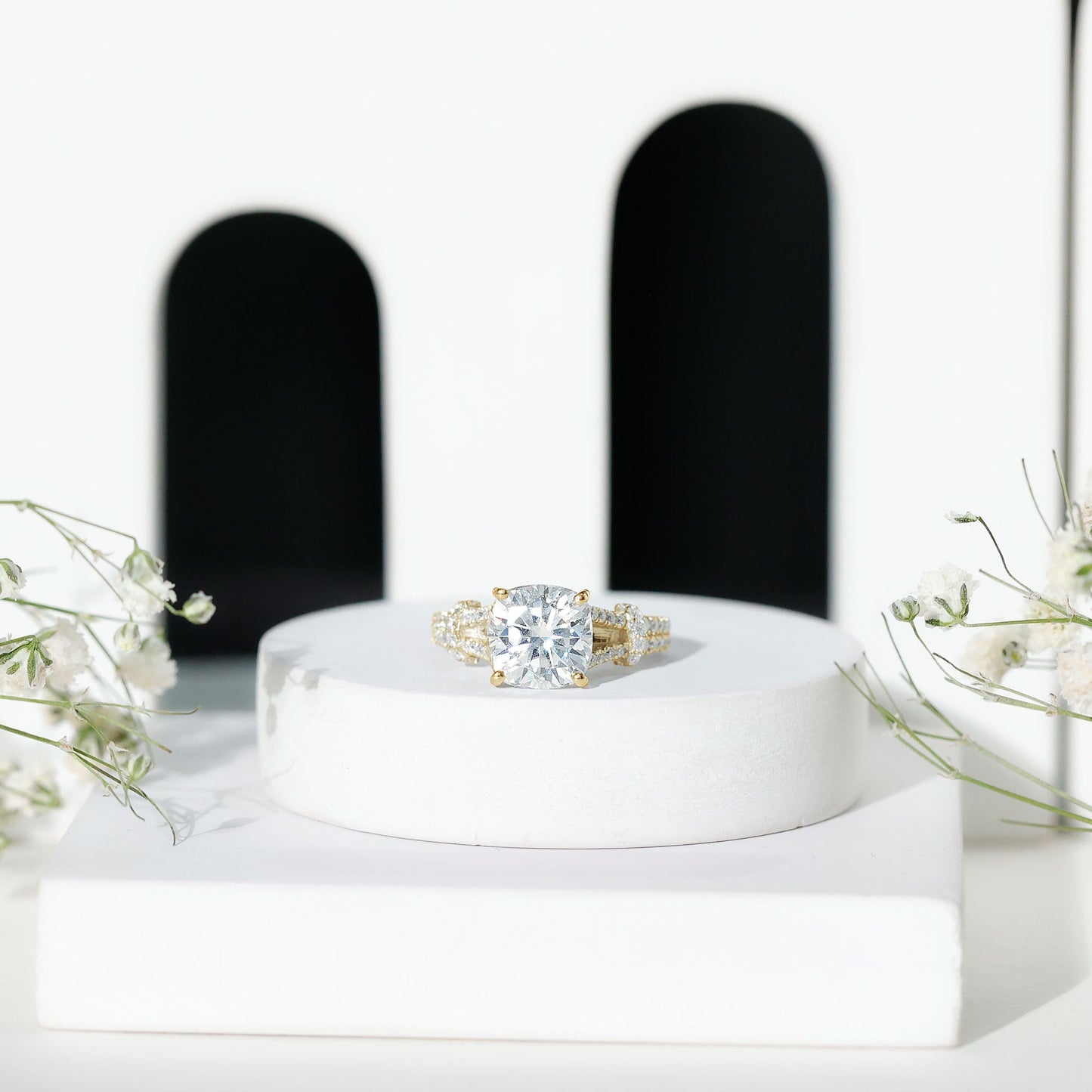 Cushion Cut Moissanite Solitaire Engagement Ring with Split Shank