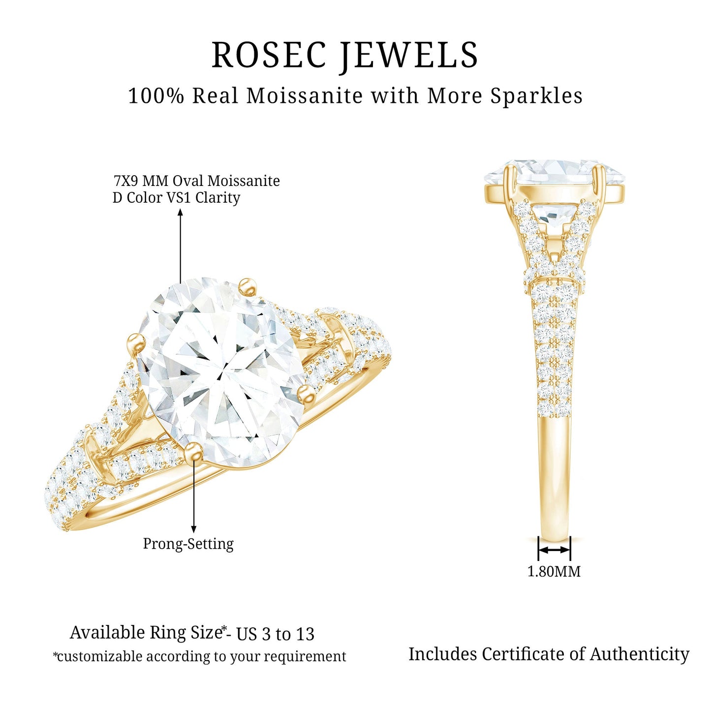 2 Carat Oval Cut Moissanite Statement Engagement Ring with Split Shank