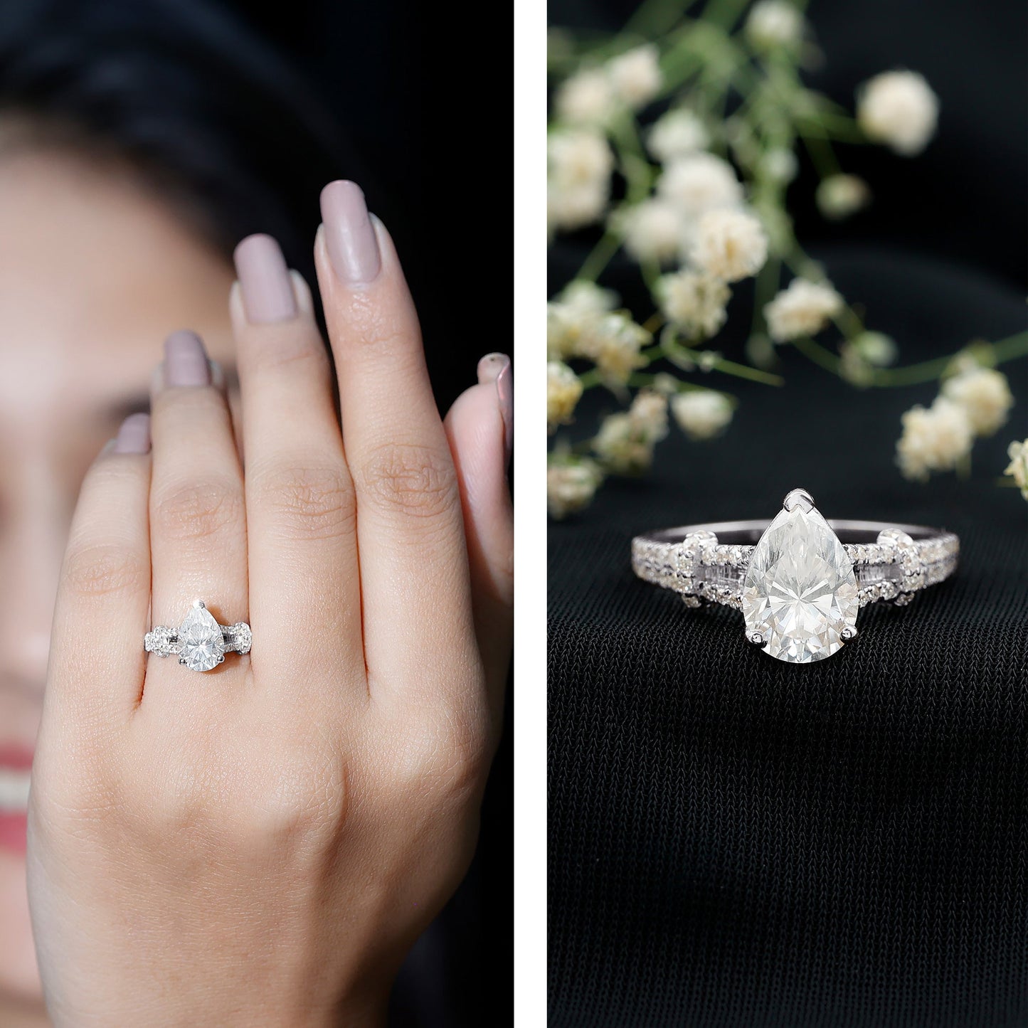 Pear Shaped Moissanite Solitaire Engagement Ring in Split Shank