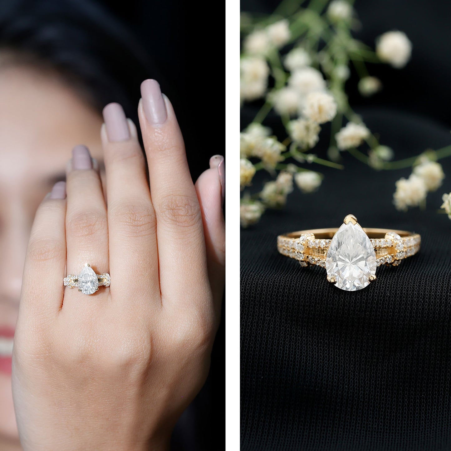 Pear Shaped Moissanite Solitaire Engagement Ring in Split Shank