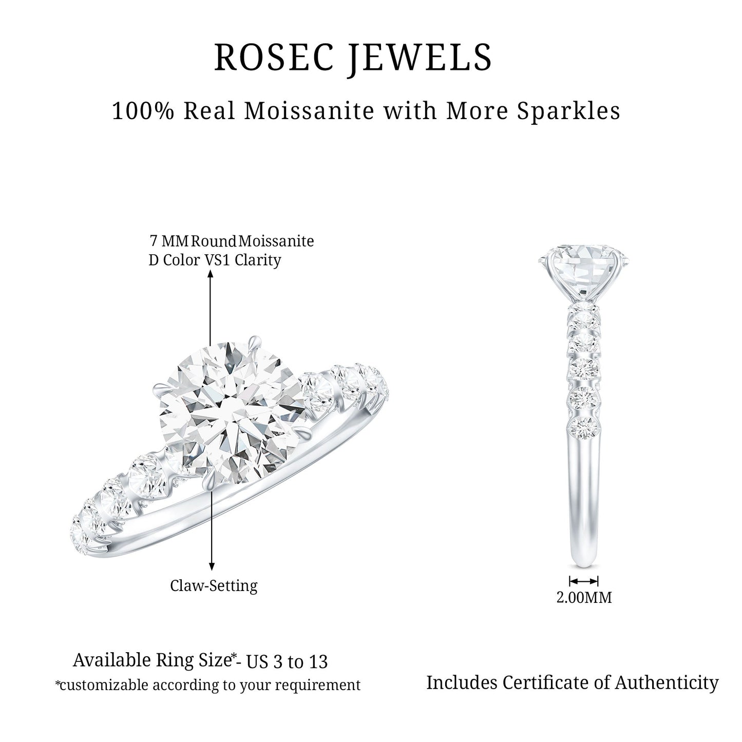 Round Cut Moissanite Solitaire Engagement Ring with Side Stones
