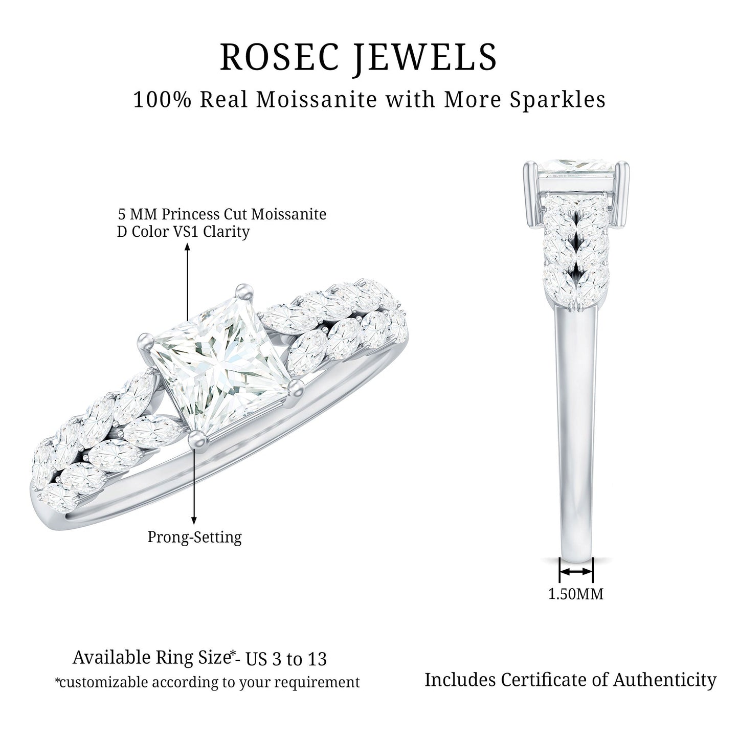 Certified Princess Cut Moissanite Split Shank Engagement Ring