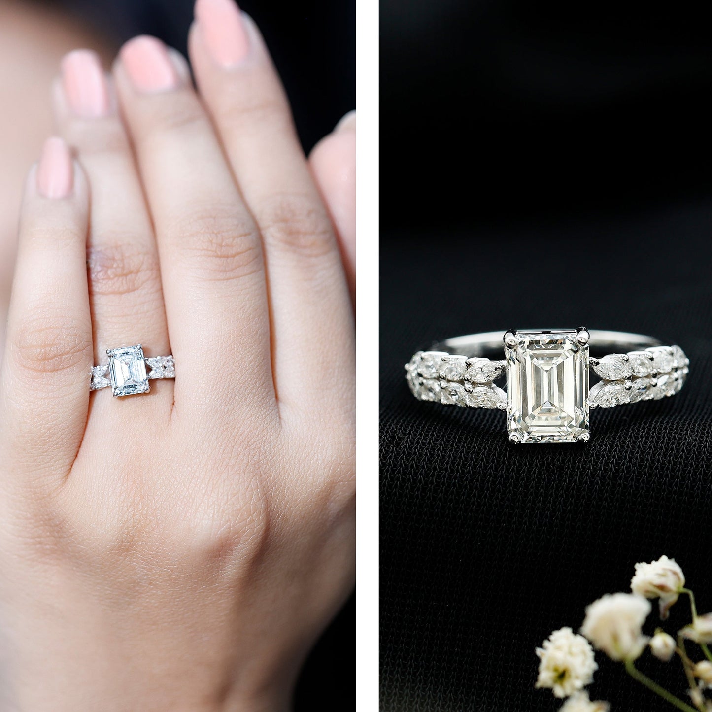 Certified Moissanite Emerald Cut Engagement Ring with Side Stones