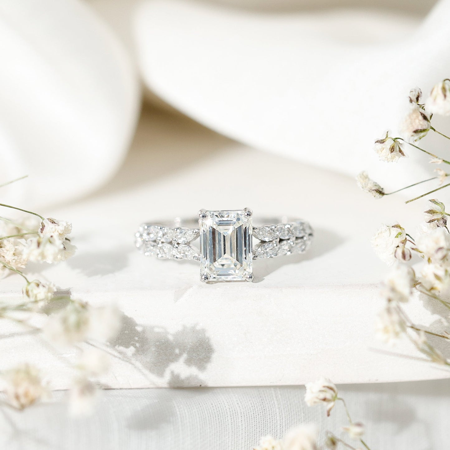 Certified Moissanite Emerald Cut Engagement Ring with Side Stones