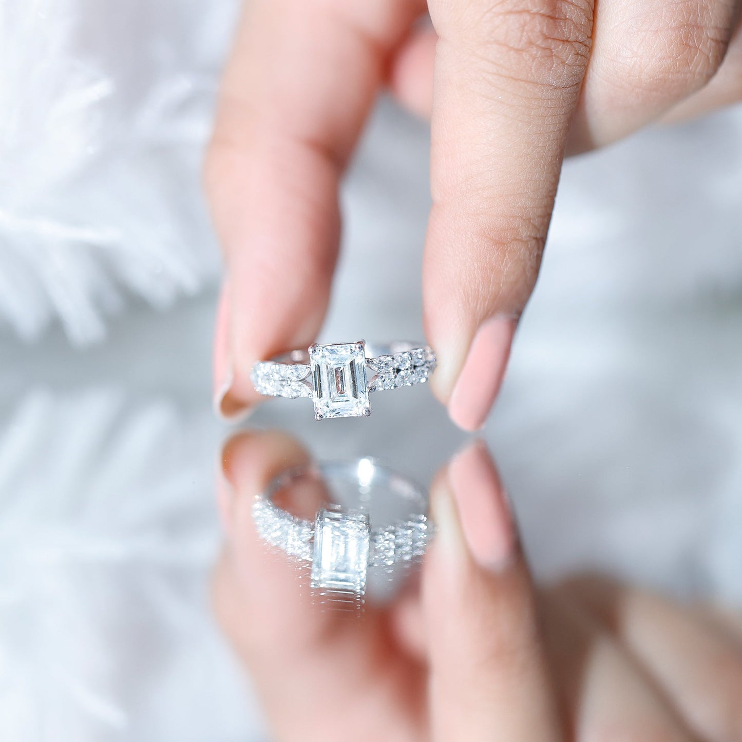 Certified Moissanite Emerald Cut Engagement Ring with Side Stones