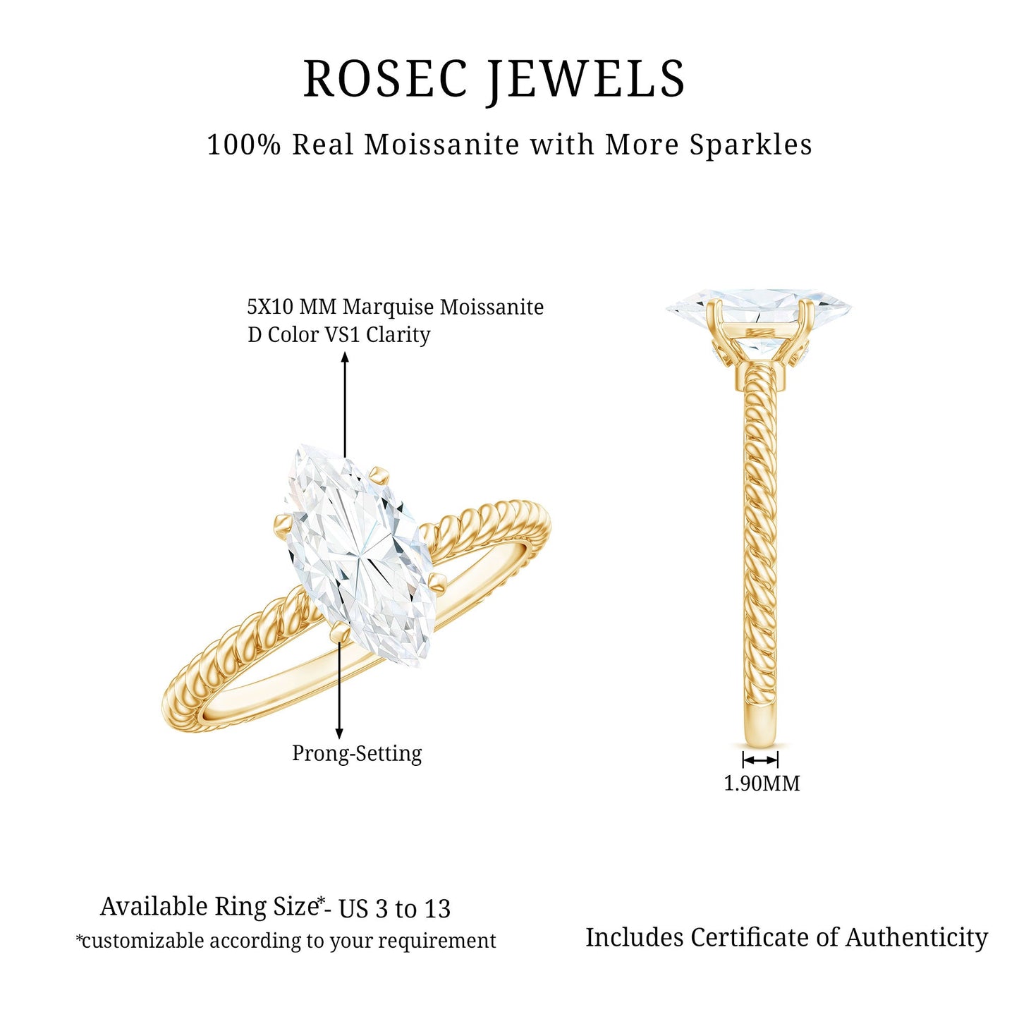 1 Carat Marquise Cut Moissanite Solitaire Engagement Ring with Twisted Rope Shank