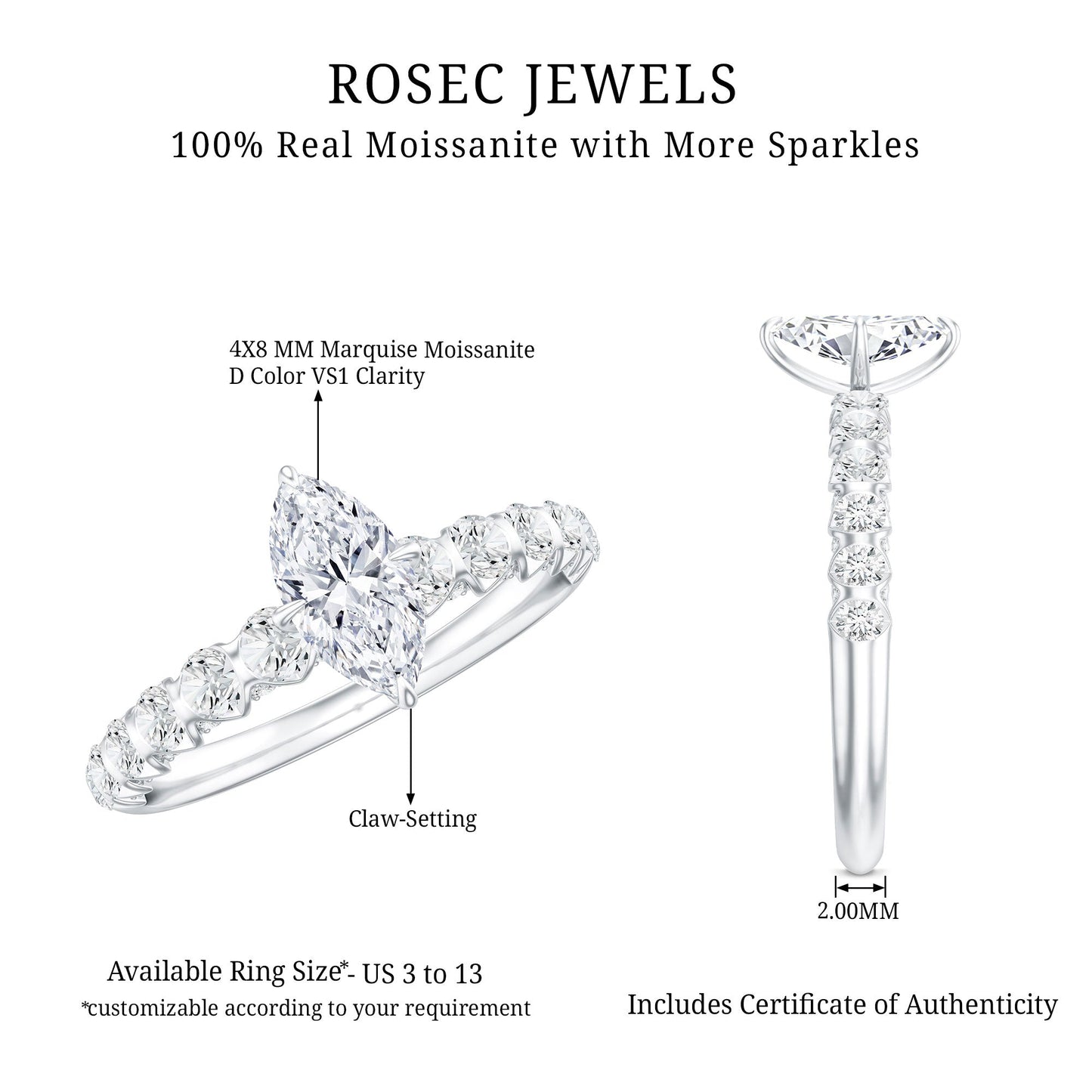 Marquise Moissanite Solitaire Engagement Ring with Side Stones