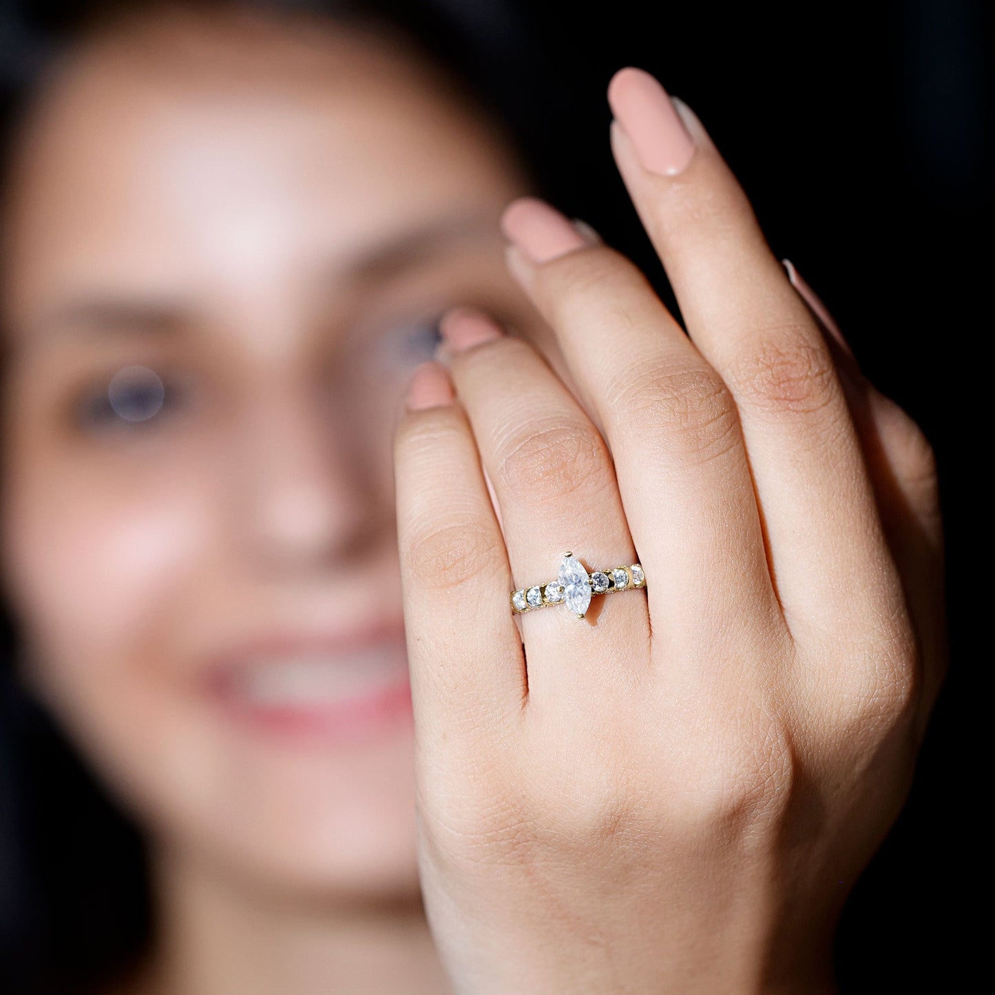 Marquise Moissanite Solitaire Engagement Ring with Side Stones