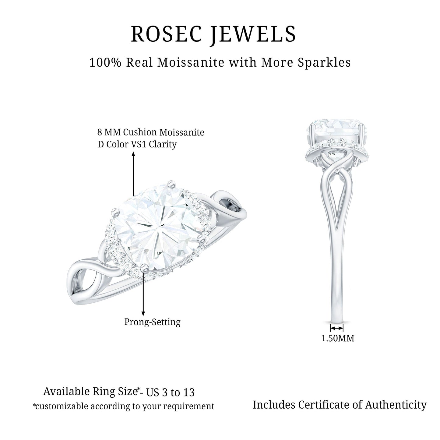 3 Carat Cushion Cut Moissanite Solitaire Engagement Ring with Infinity Shank