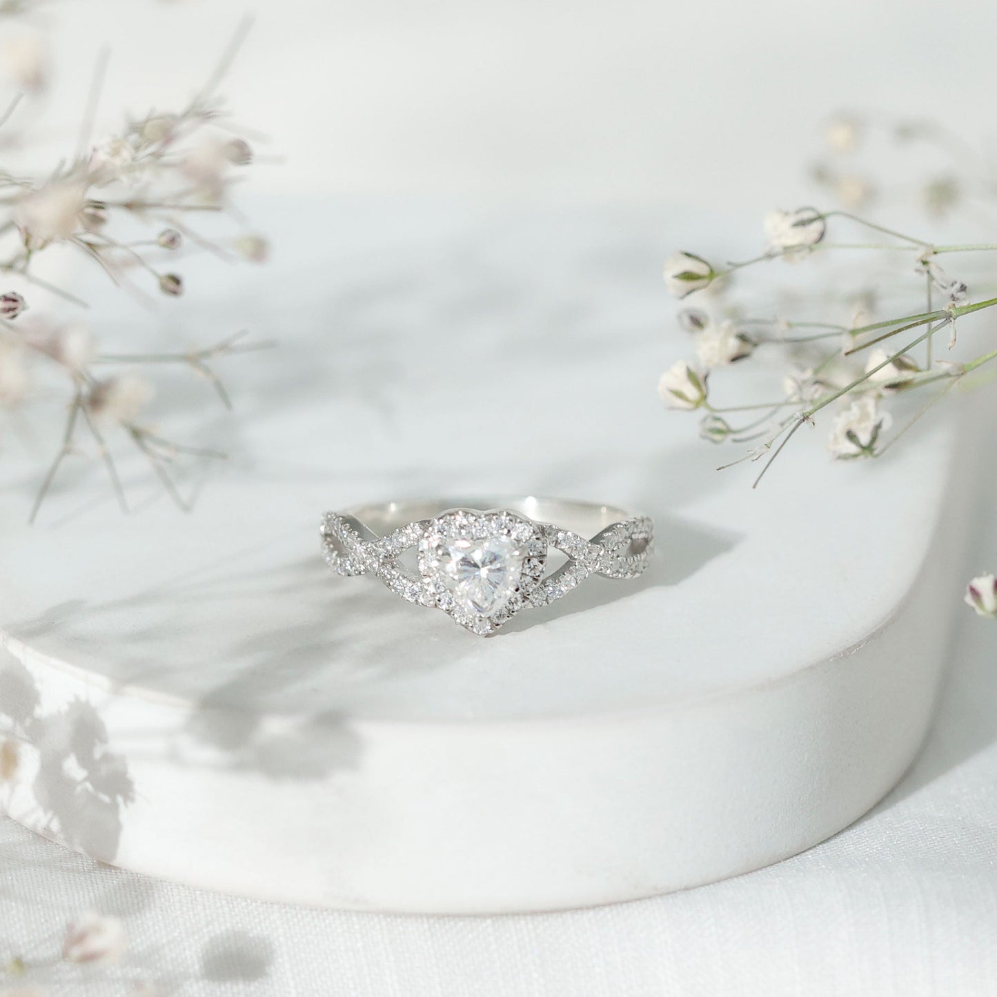 Heart Shape Moissanite Halo Engagement Ring with Infinity Band