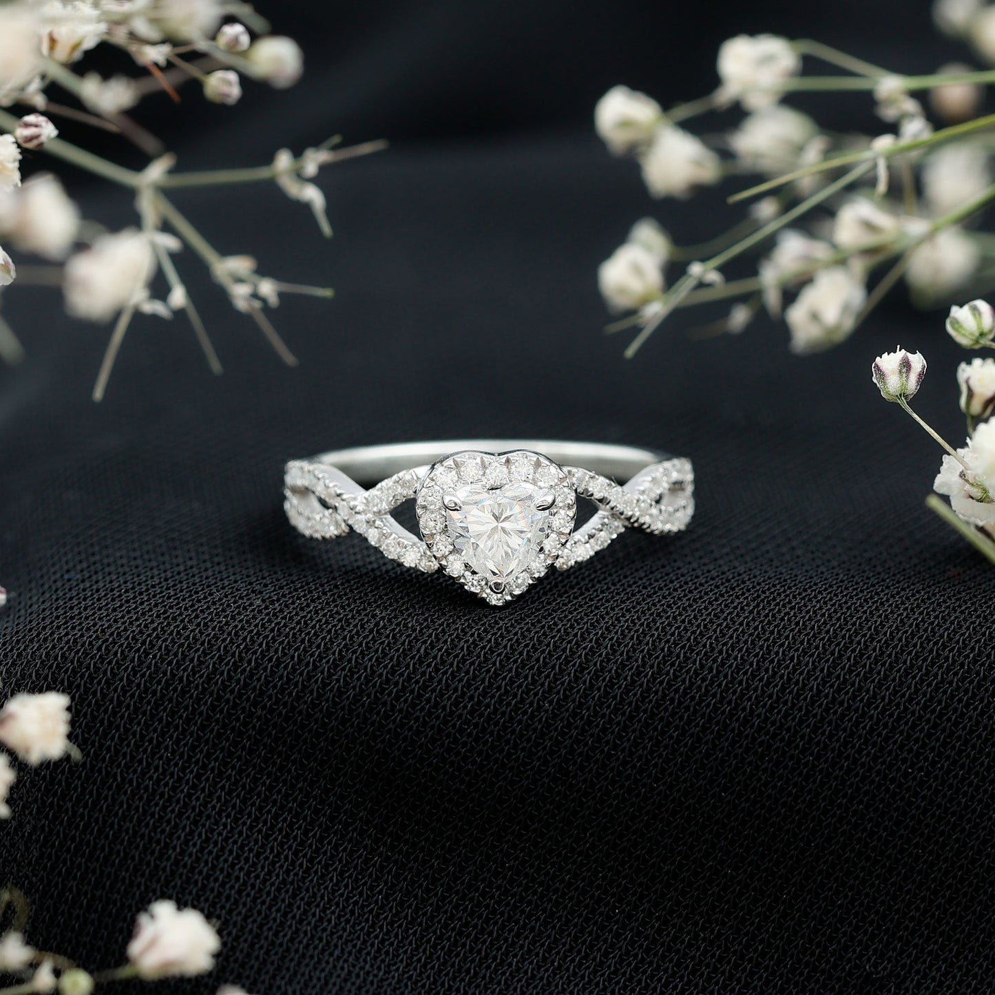 Heart Shape Moissanite Halo Engagement Ring with Infinity Band