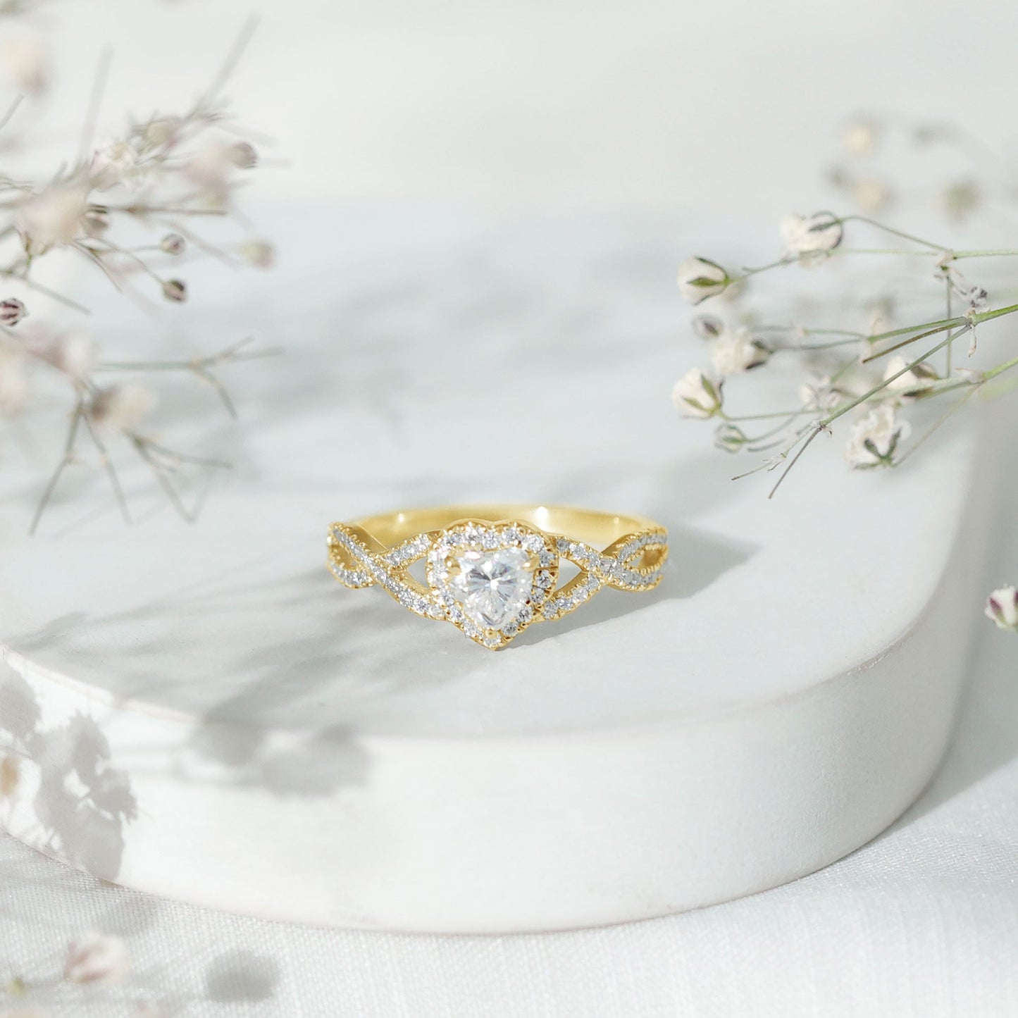 Heart Shape Moissanite Halo Engagement Ring with Infinity Band