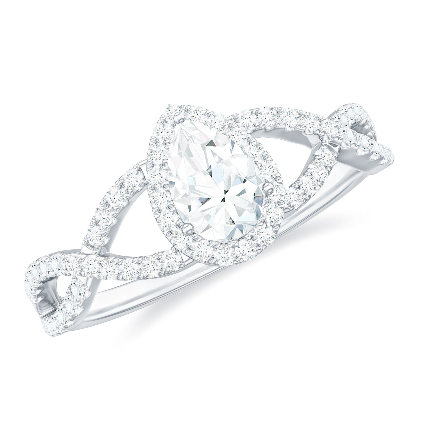 Pear Shaped Moissanite Crossover Engagement Ring with Halo
